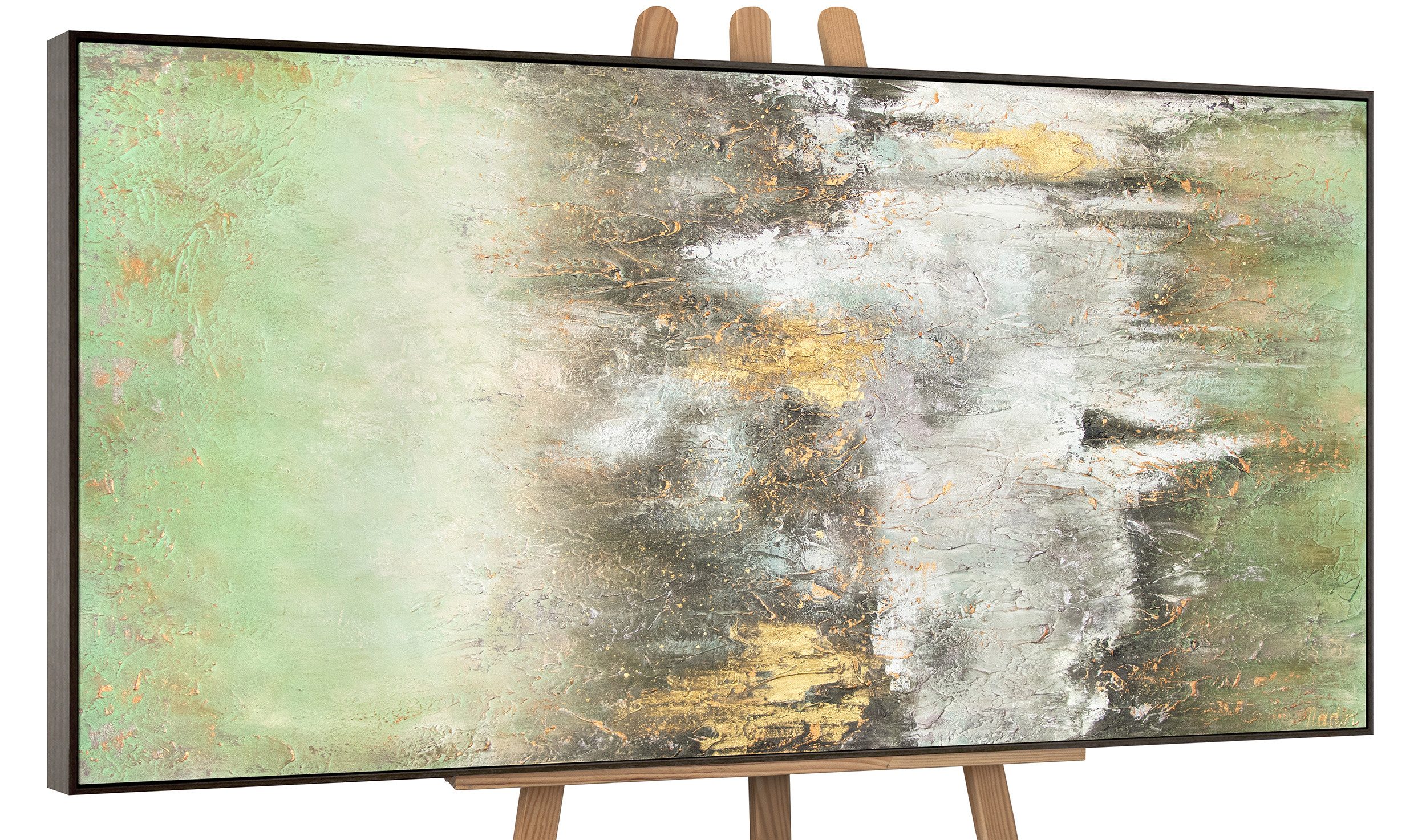 YS-Art Gemälde Ruhe vorm Sturm, Abstrakte Bilder, Abstraktes Leinwand Bild Handgemalt Grün Gold Weiß