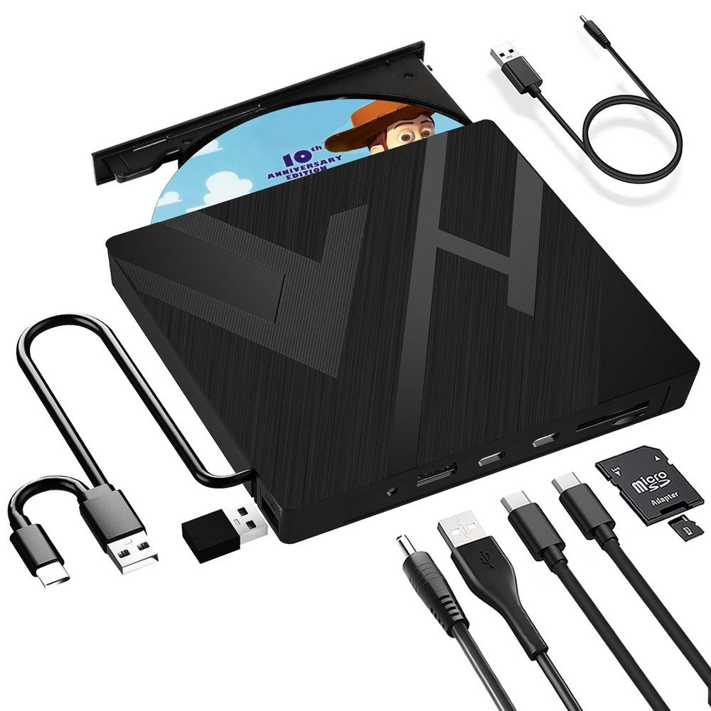 TUWENA Externes CD/DVD Laufwerk USB 3.0 Typ-C, mit SD/TF-Kartenleser Portable DVD-Brenner