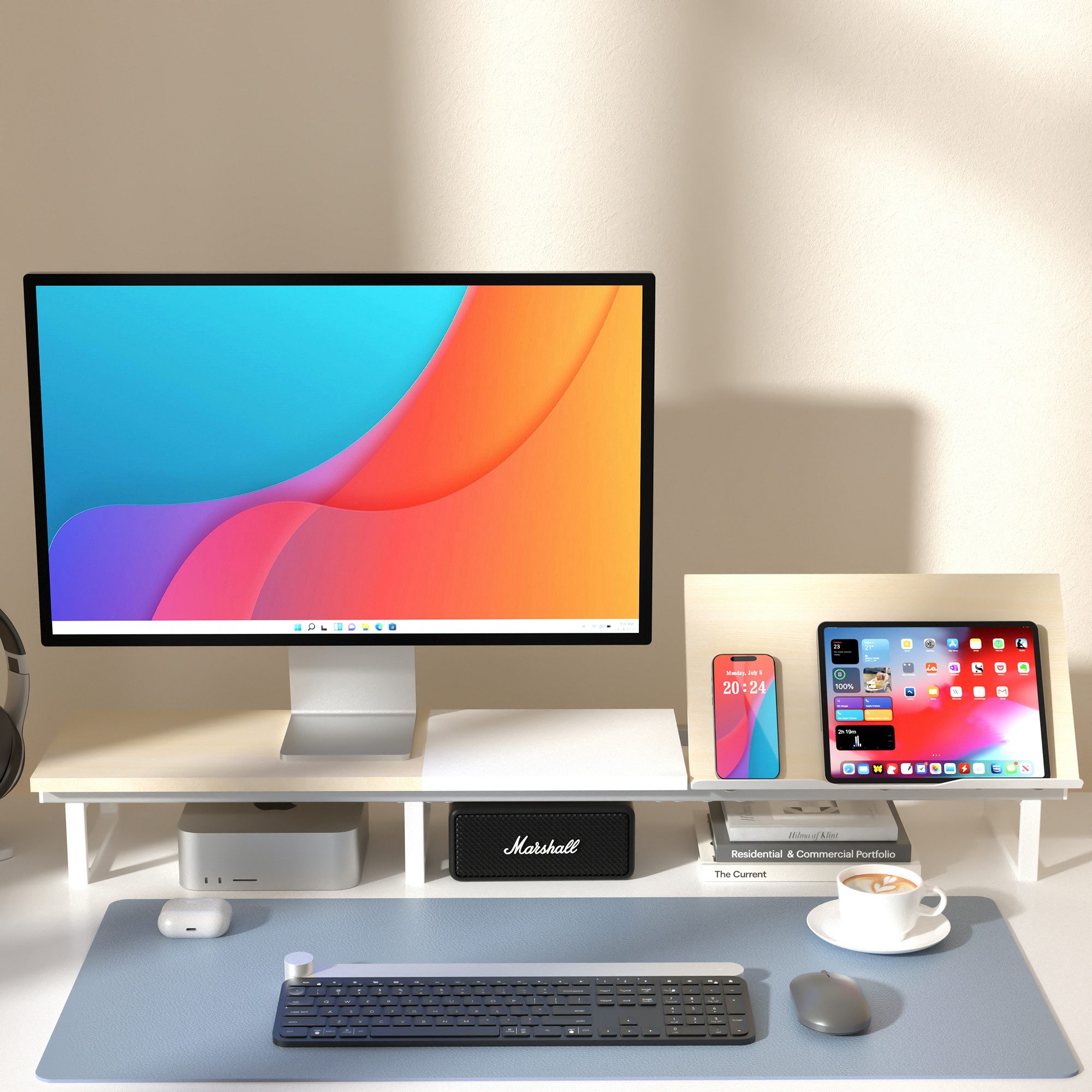 i@home Monitorständer 2- oder 3-Monitor Stand,Bildschirmerhöhung mit verstellbarer, (Длина und Winkel, Desktop-Organizer-bildschirm ständer für Computer, Laptop, Drucker, TV, höhenverstellbar, mit Stauraum)