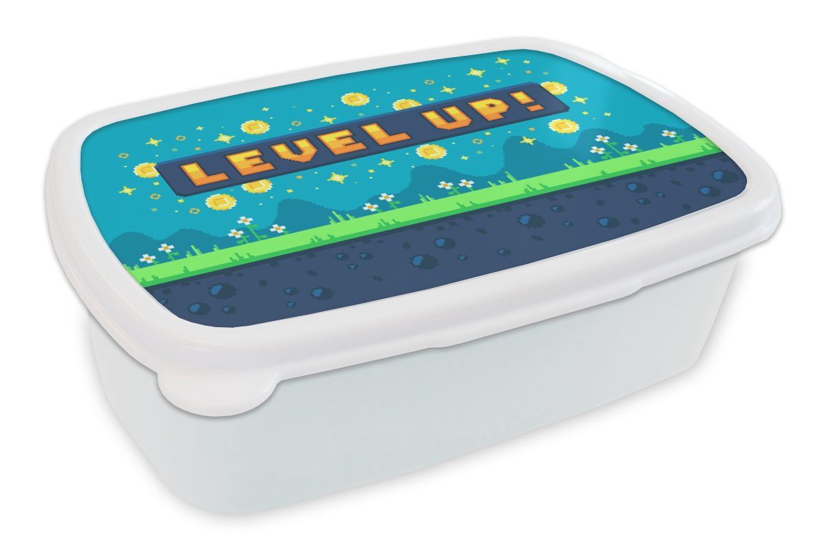 MuchoWow Lunchbox Spiele - Landschaft - Pixelart, Kunststoff, (2-tlg), Brotbox für Kinder und Erwachsene, Brotdose, für Jungs und Mädchen weiß