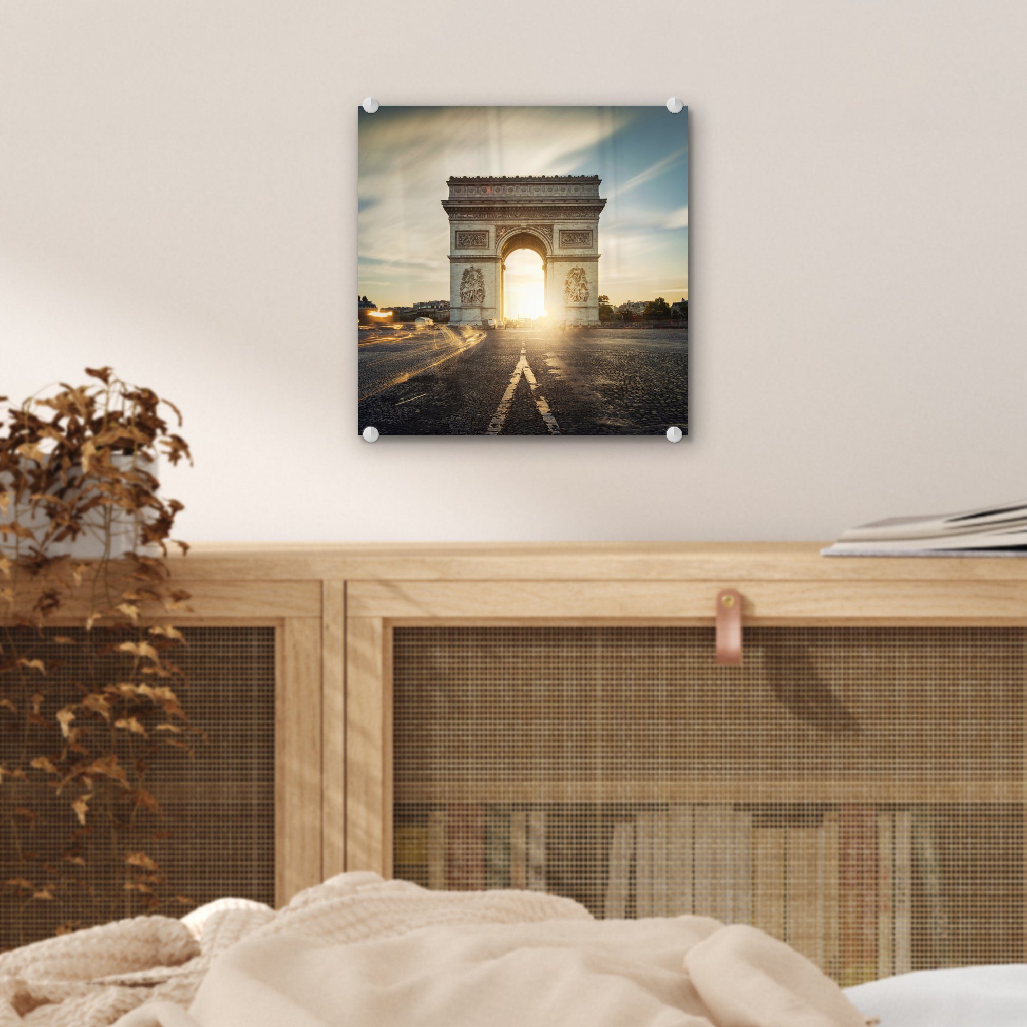 (1 MuchoWow Wanddekoration - Sonnenaufgang Triumphbogen Foto auf Glas St), Paris Wandbild einen durch Acrylglasbild Bilder Glasbilder Glas gesehen, - auf in -