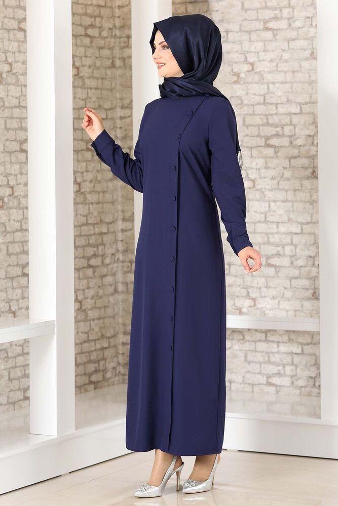 Modavitrini Abaya Hemdblusenkleid mit Abendkleid Knöpfen Modest Navy-Blau Hijab aus Fashion Kreppstoff Kleid