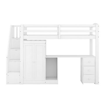 Welikera Bett 90 x 200cm Hochbett mit Kleiderschrank,Treppe,Schreibtisch,Schubladen, Schrank in einem,weiß, bett Jugendbett Holzbett