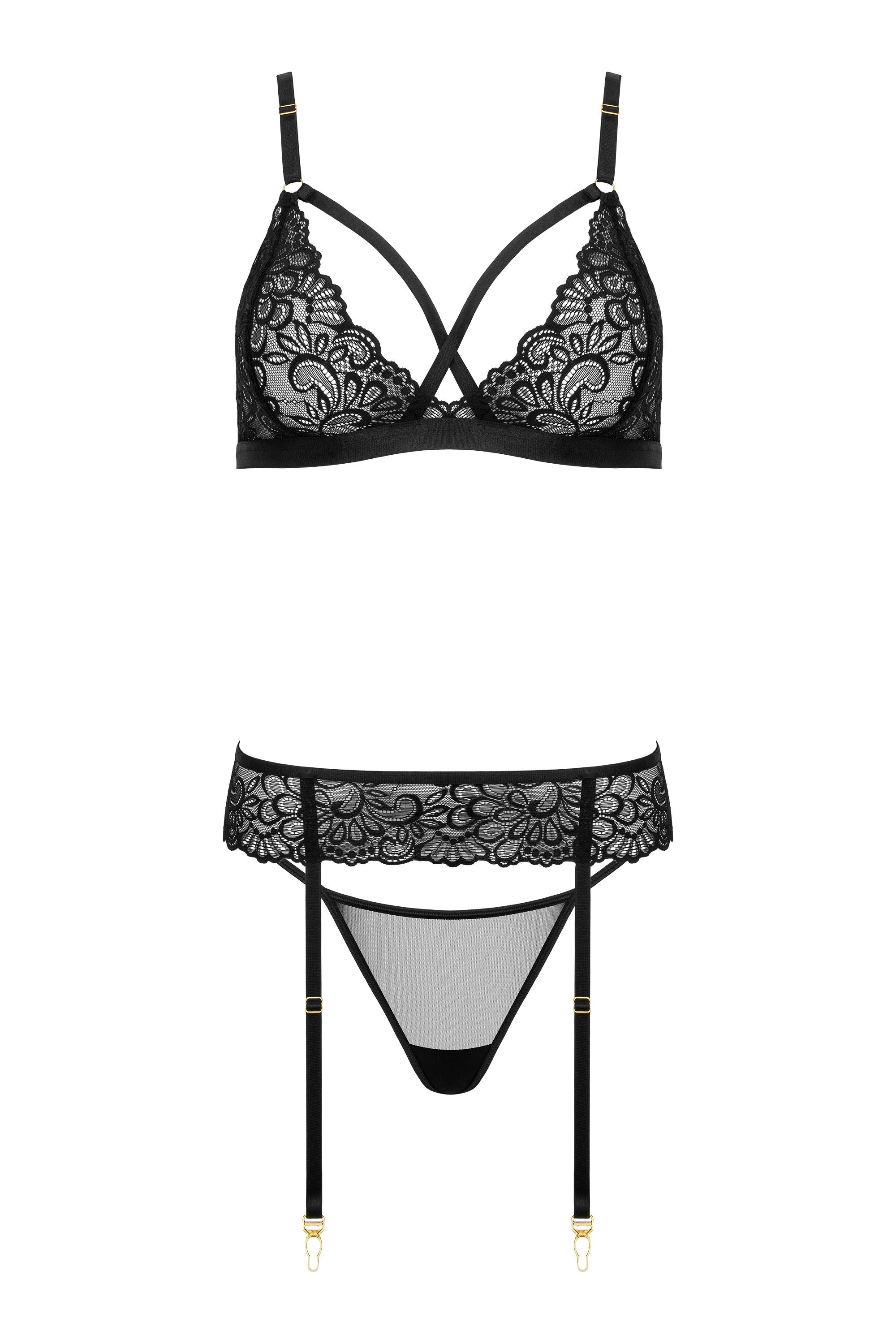 KOTEK Set: Bügel-BH Strapse-Set in schwarz BH Strumpfgürtel String (Set)