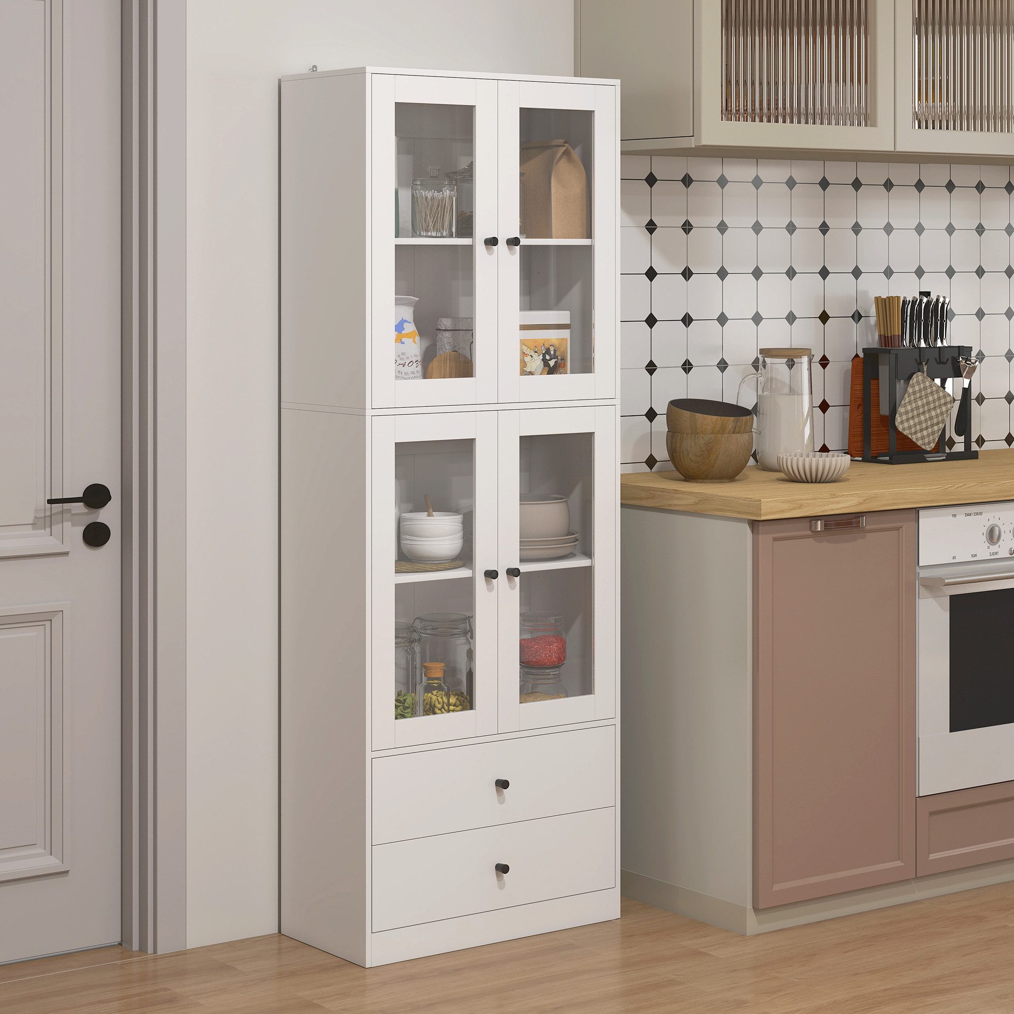 HOMCOM Küchenbuffet Hochschrank mit Arbeitsplatte Vitrinenschrank verstellbar Ablagen (moderner Küchenaufbewahrungsschrank, 1-St., mit 4 Glastüren, Schubladen, verstellbaren Regalen) 59 x 30 x 170 cm, Weiß