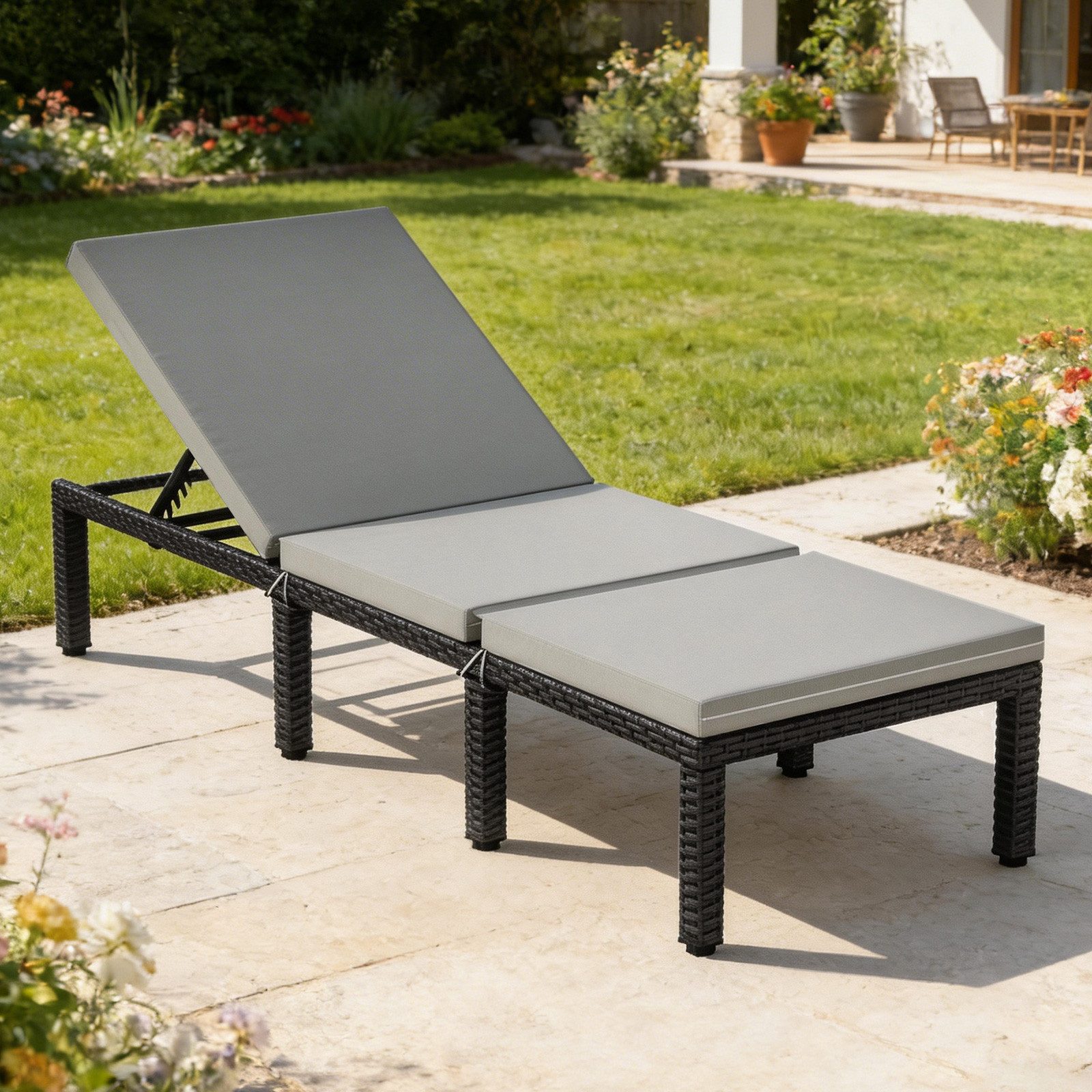Huracan Gartenliege Sonnenliege mit 5-Fach höhenverstellbarer Rückenlehne, Gartenliege Daybed Outdoor mit Bequemer Polsterauflage, 1 St., Relaxliege Rattan Polyrattan für Innen und Außen Balkonliege