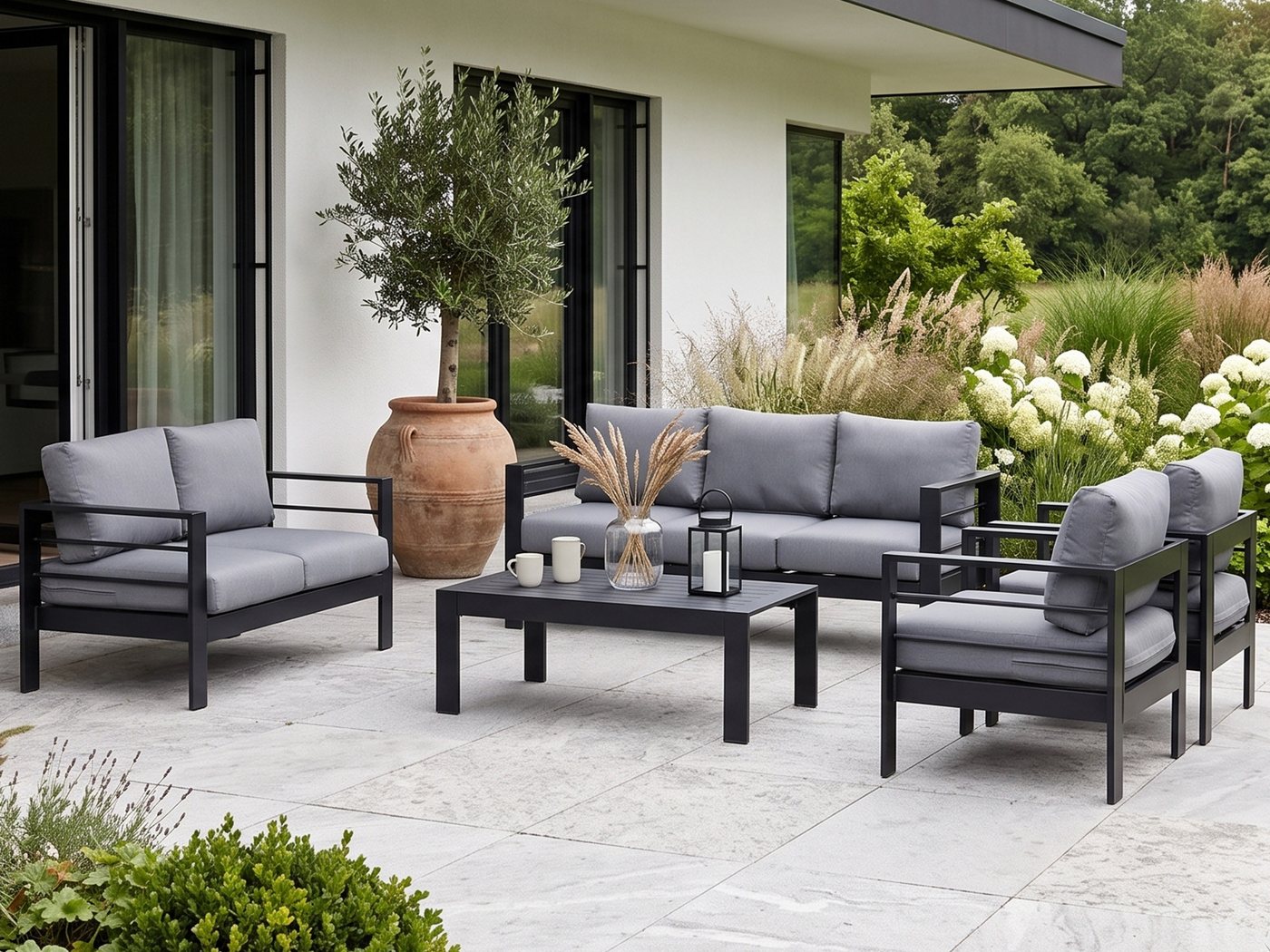 MeXo Gartenlounge-Set Gartenmöbel Set Aluminium wetterfest 6-7 Personen, (12cm Deluxe Relax-Sitzkissen, 5-tlg., Belastbarkeit pro Sitzplatz 140kg), outdoor Gartensofa mit Tisch, 8 cm breite Armlehne