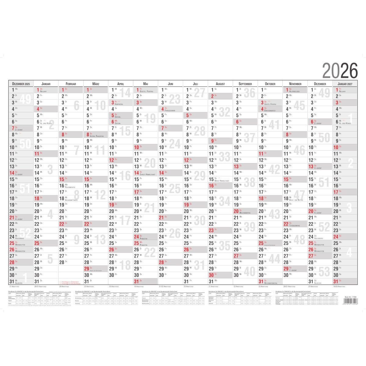 GÜSS Календари Plakatkalender Wandplaner 14 Monate 70,7x100cm 14 Monate Dez. 2025-Januar 2027