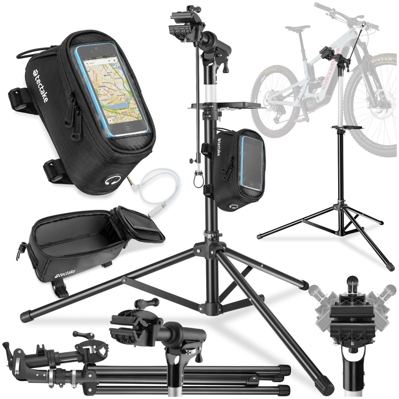 tectake Fahrrad-Montageständer Fahrrad-Set Reparaturständer & Rahmentasche, 360° drehbar