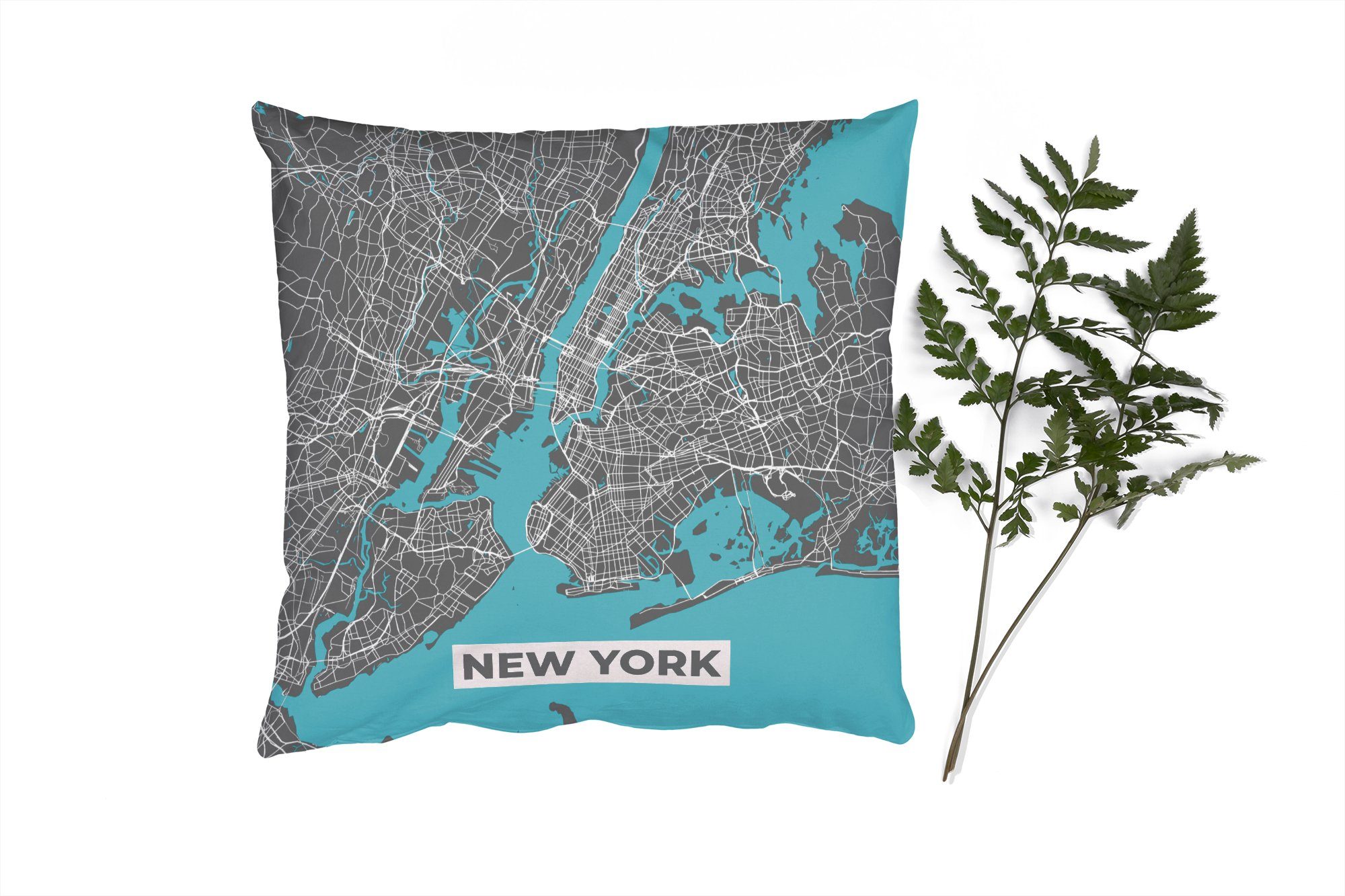 MuchoWow Dekokissen Stadtplan - Blau - New York - Karte, Zierkissen mit Füllung für Wohzimmer, Schlafzimmer, Deko, Sofakissen