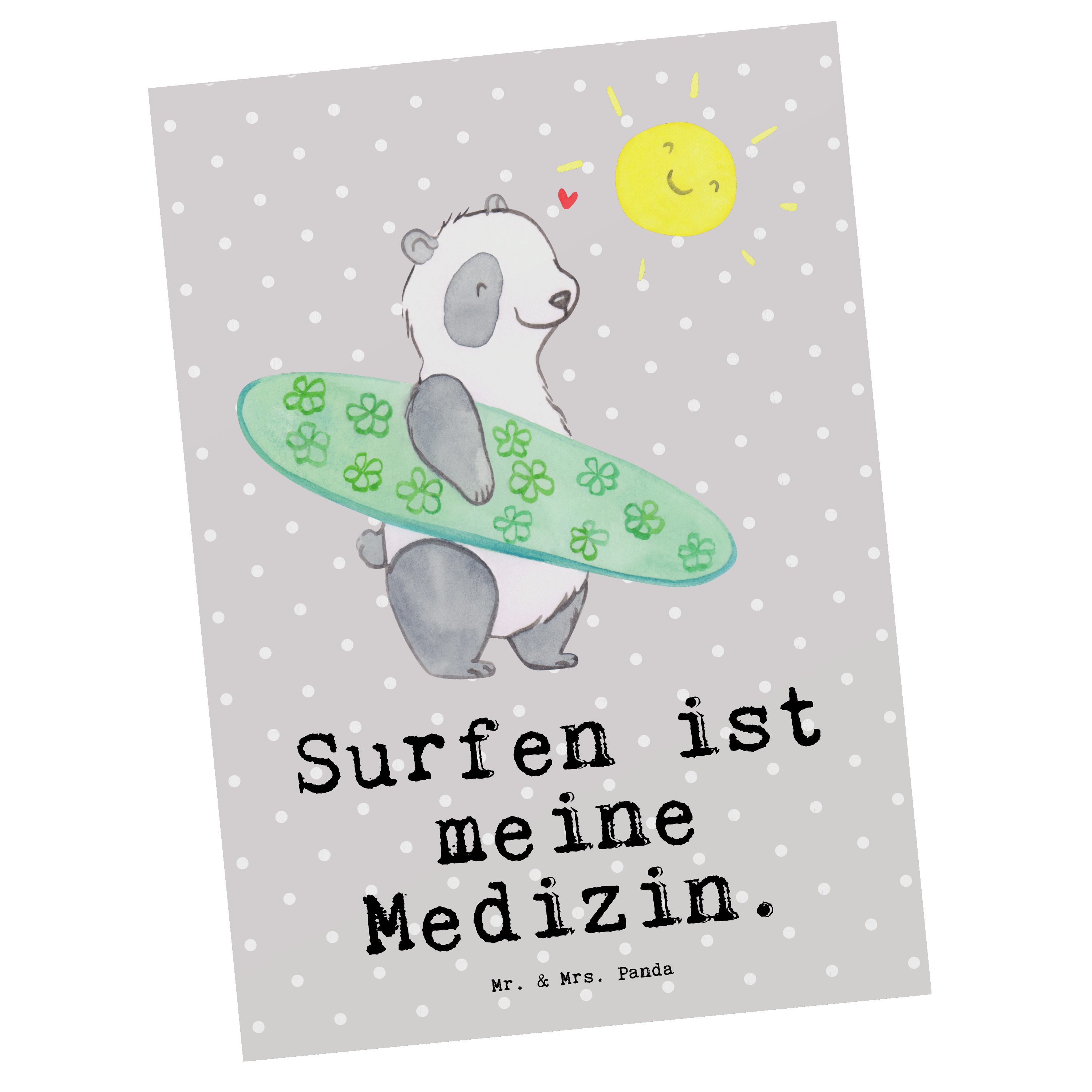 Mr. & Mrs. Panda Postkarte Panda Surfen Medizin - Grau Pastell - Geschenk, Schenken, Geschenkkar