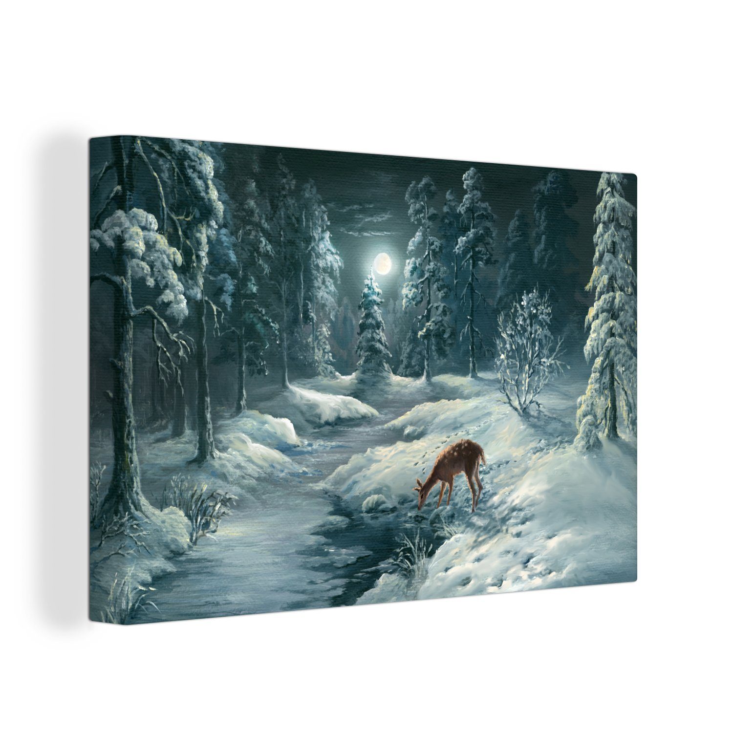 OneMillionCanvasses® Leinwandbild Eine Illustration eines Rehs in einem verschneiten Wald, (1 St), Wandbild Leinwandbilder, Aufhängefertig, Wanddeko, 30x20 cm