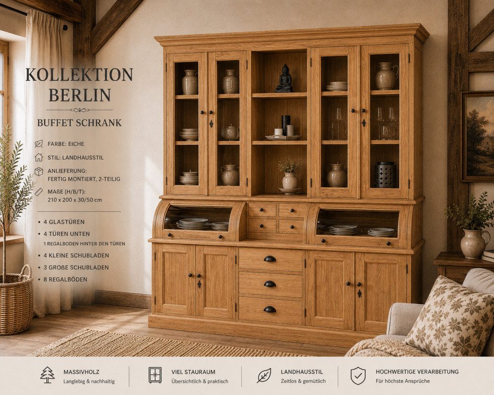 Wohnpalast Buffet Massiver Eichen Buffet-Schrank im Landhausstil – 200 cm breit