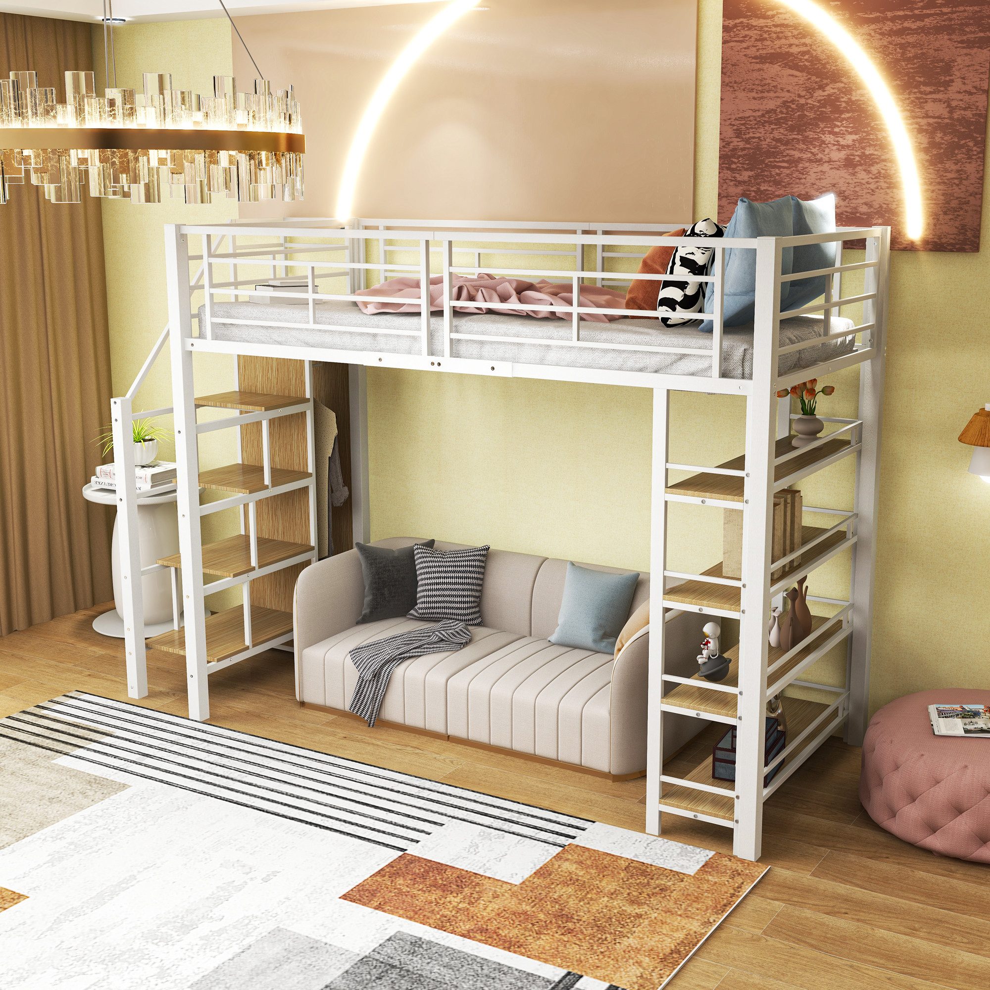 Flieks Hochbett Metallbett Einzelbett 90x200cm mit Stauraumtreppe und Kleid günstig online kaufen