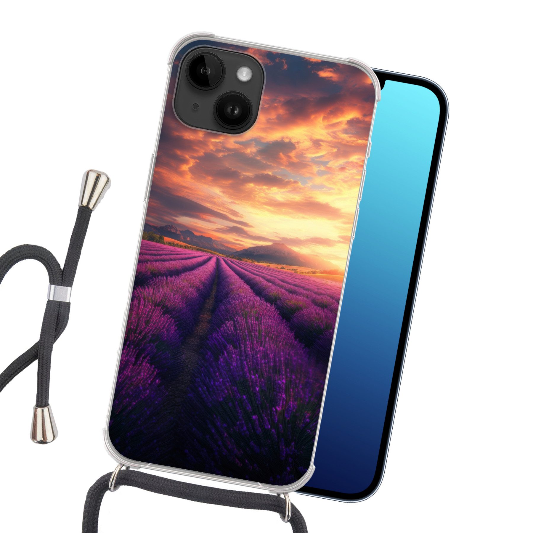 MuchoWow Handyhülle für Apple iPhone 14 Lavendelfeld - Sonnenuntergang - Lila, Tragbare Handyhüllen mit Kette zum umhängen, Handykette Handyband