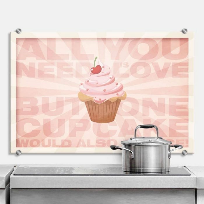 K&L Wall Art Gemälde Wandschutz Bild Glas Spritzschutz Küche Rosa Muffin Schriftzug Love Cupcake Küchenrückwand montagefertig