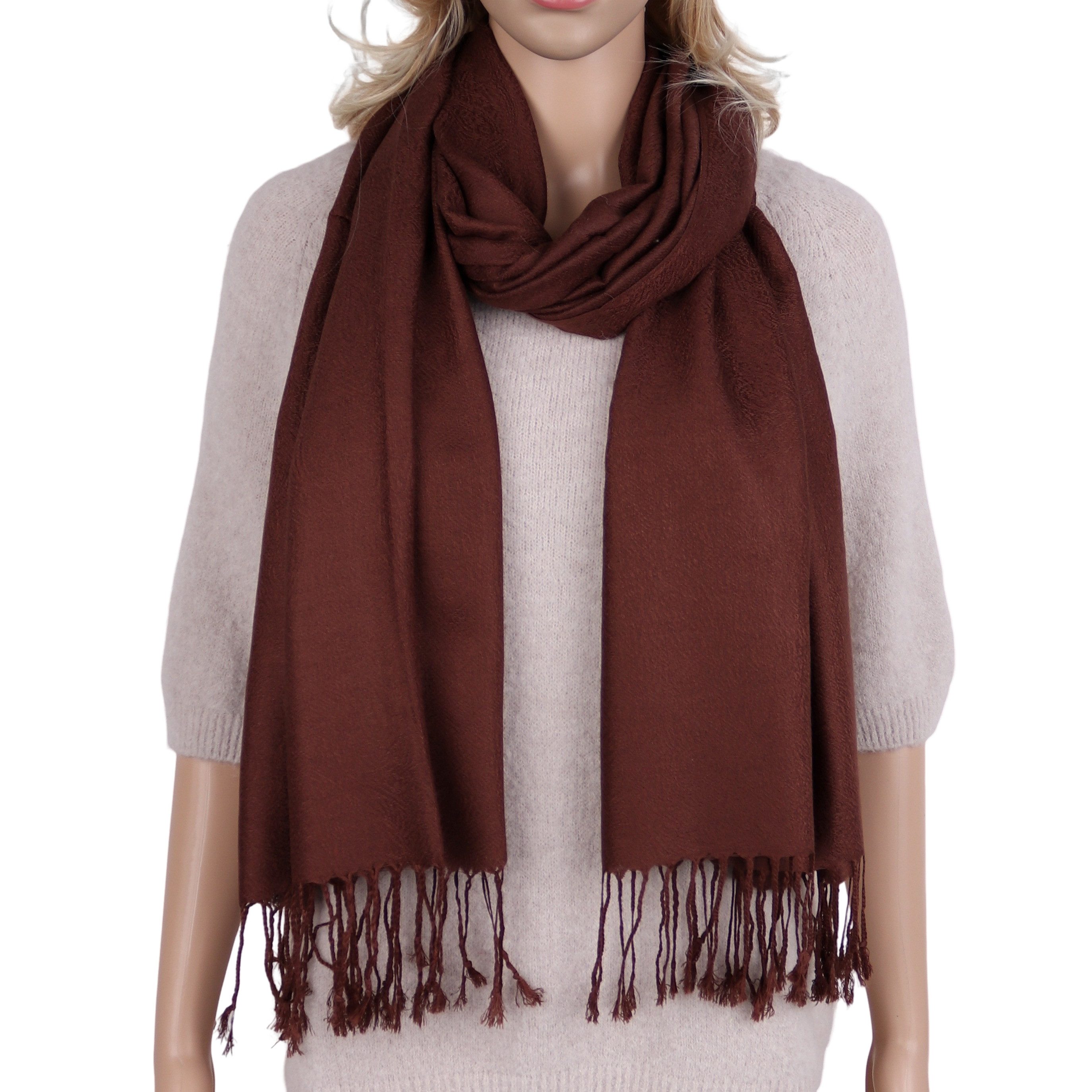 Modeschal weicher Schal Unifarbe feine Muster mit Fransen, 70x180cm