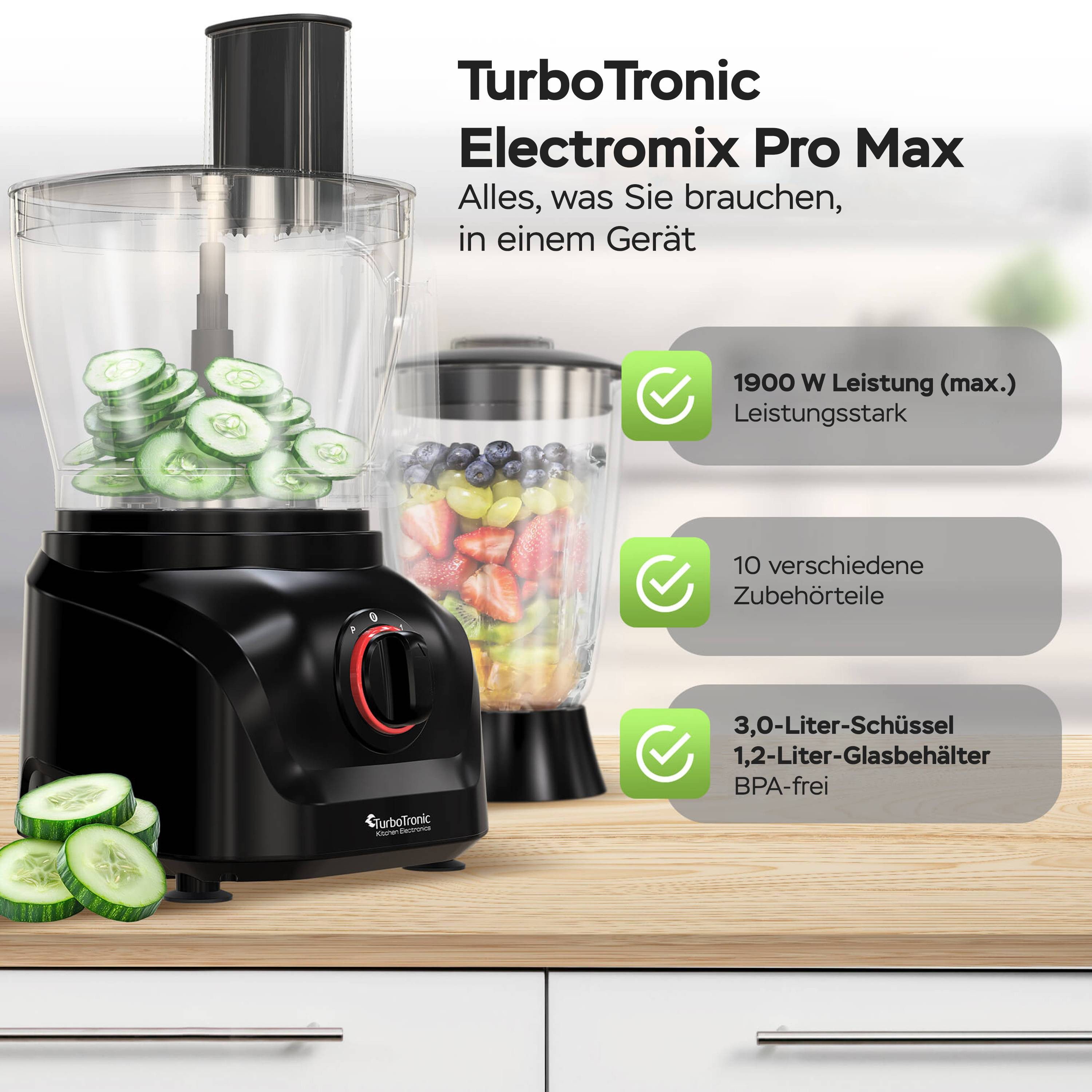 TurboTronic by Z-Line Küchenmaschine Food Processor mit Standmixer 1,5L Glaskaraffe Multizerkleinerer Mixer, 1900 W, 3 l Schüssel, Raspelscheiben Zitruspresse Zerkleinerer Eiscrusher Power