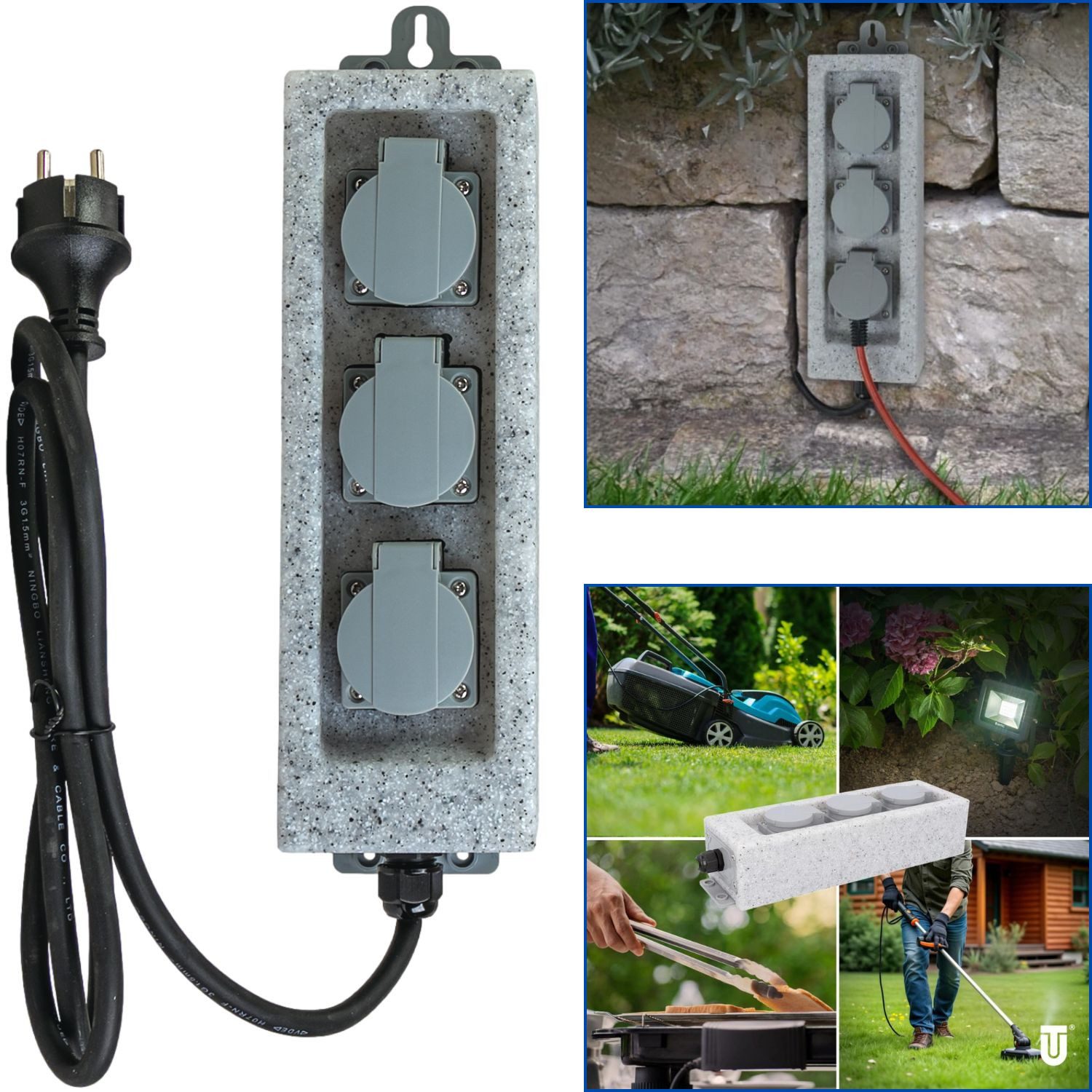 UNITEC Gartensteckdose Steckdosenleiste IP44 Outdoor 3-Fach Stein-Optik, Mehrfachsteckdose Wandsteckdose Außensteckdose Garten-Steckdose