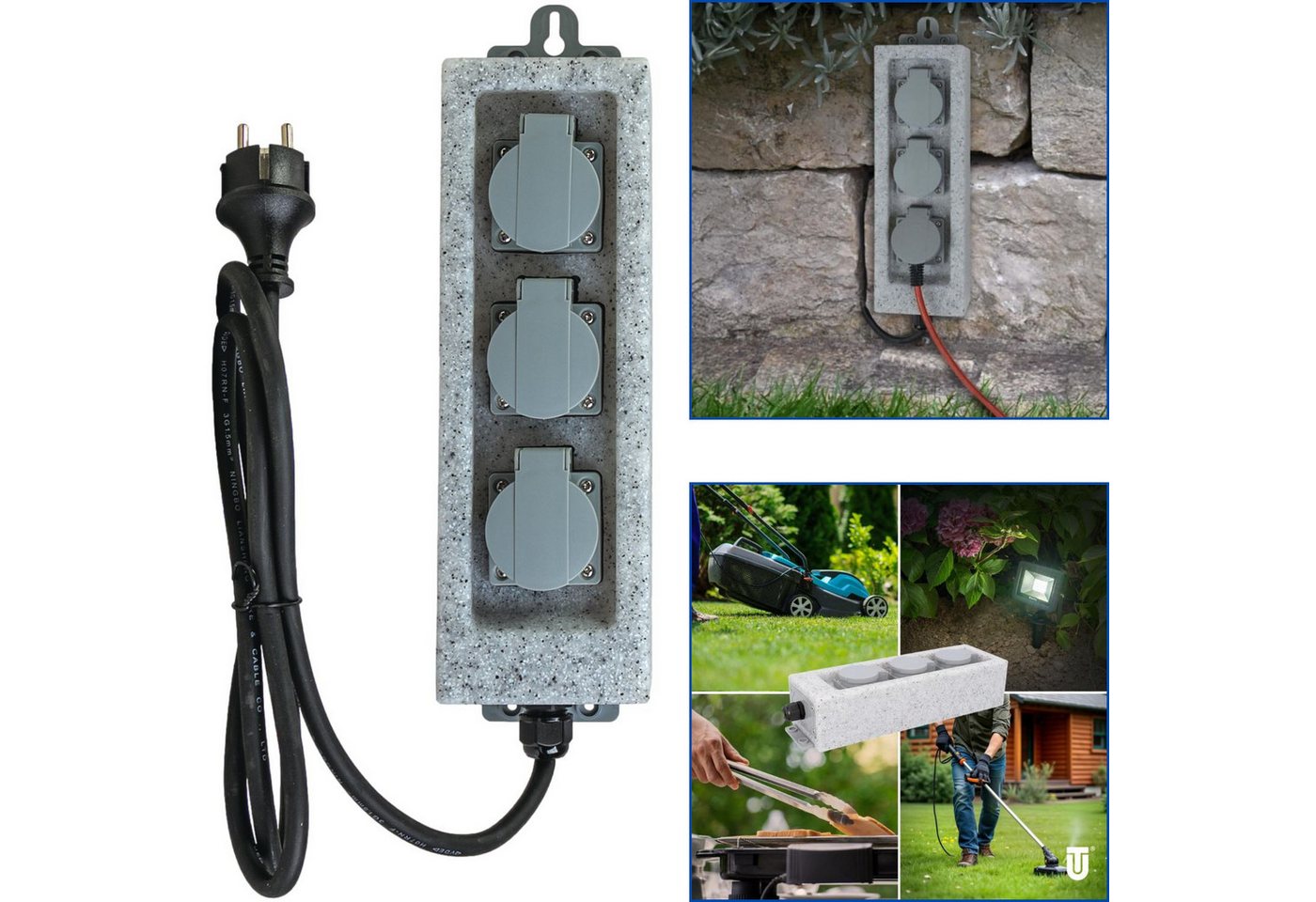 UNITEC Gartensteckdose Steckdosenleiste IP44 Outdoor 3-Fach Stein-Optik, Mehrfachsteckdose Wandsteckdose Außensteckdose Garten-Steckdose
