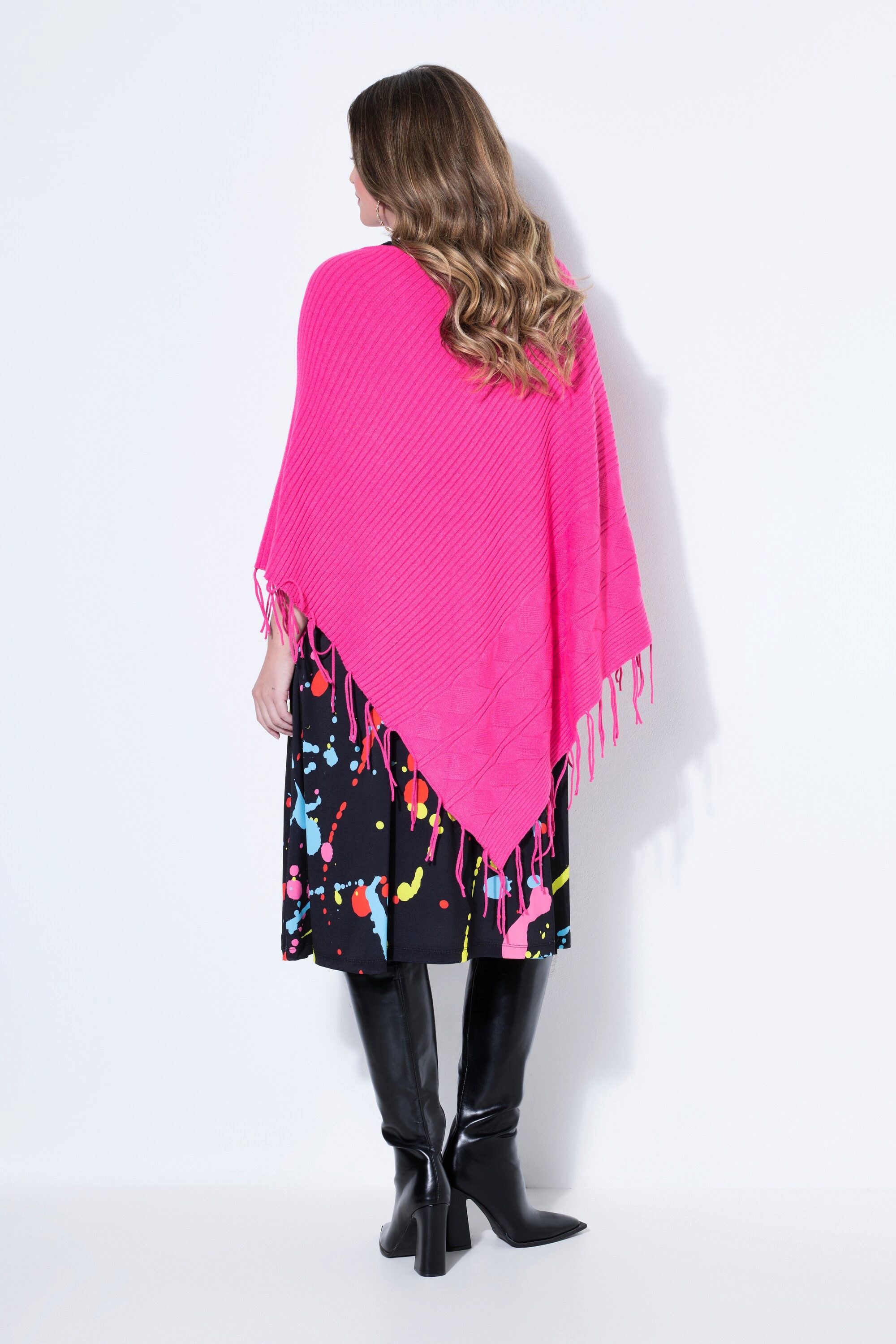 MIAMODA Pullunder Poncho oversized Feinstrick Zopfmuster Fransen