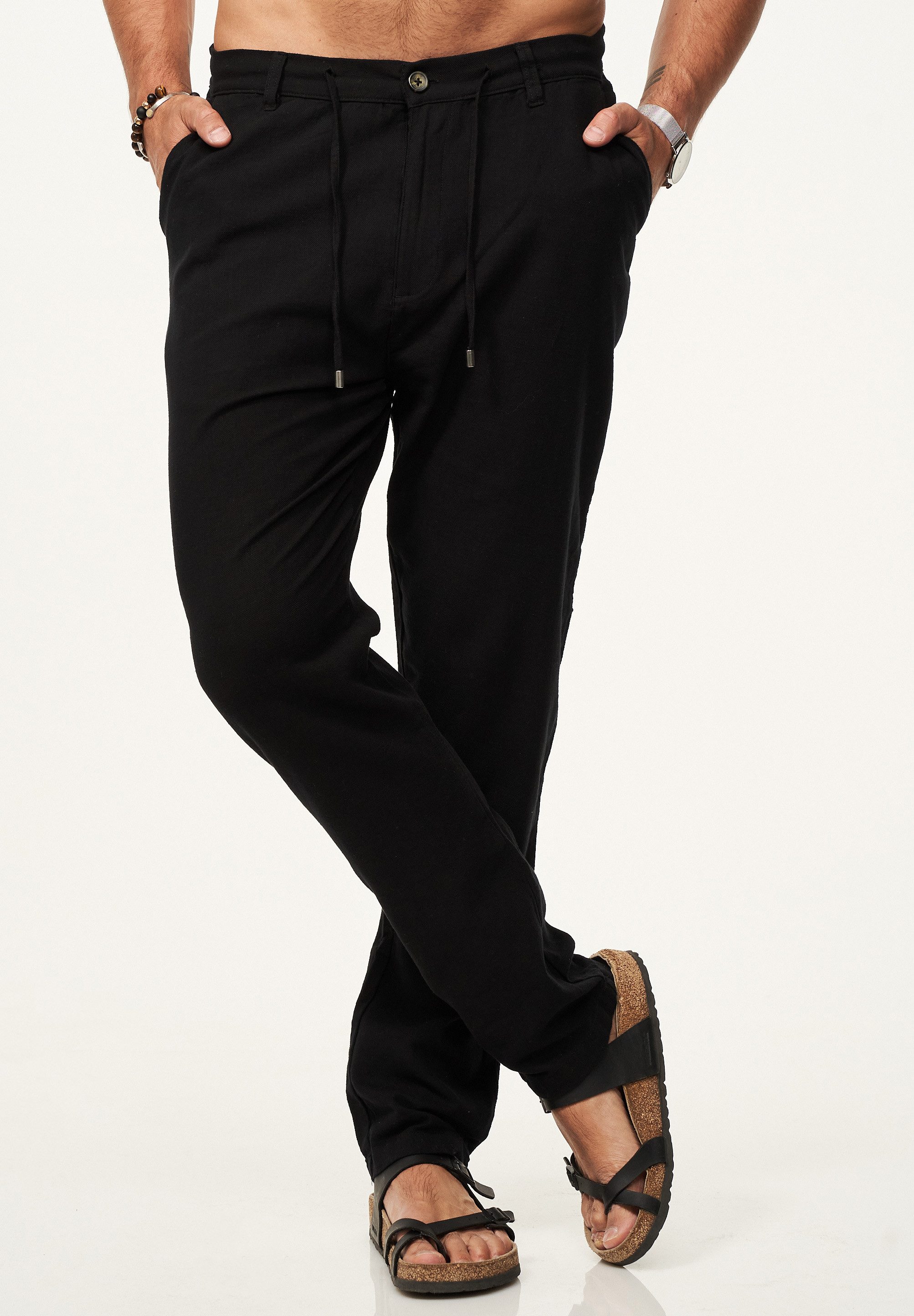 behype Leinenhose im Chinohosen Stil mit Gummibund & Kordel Herren luftige Stoffhose als Sommerhose - Freizeithose
