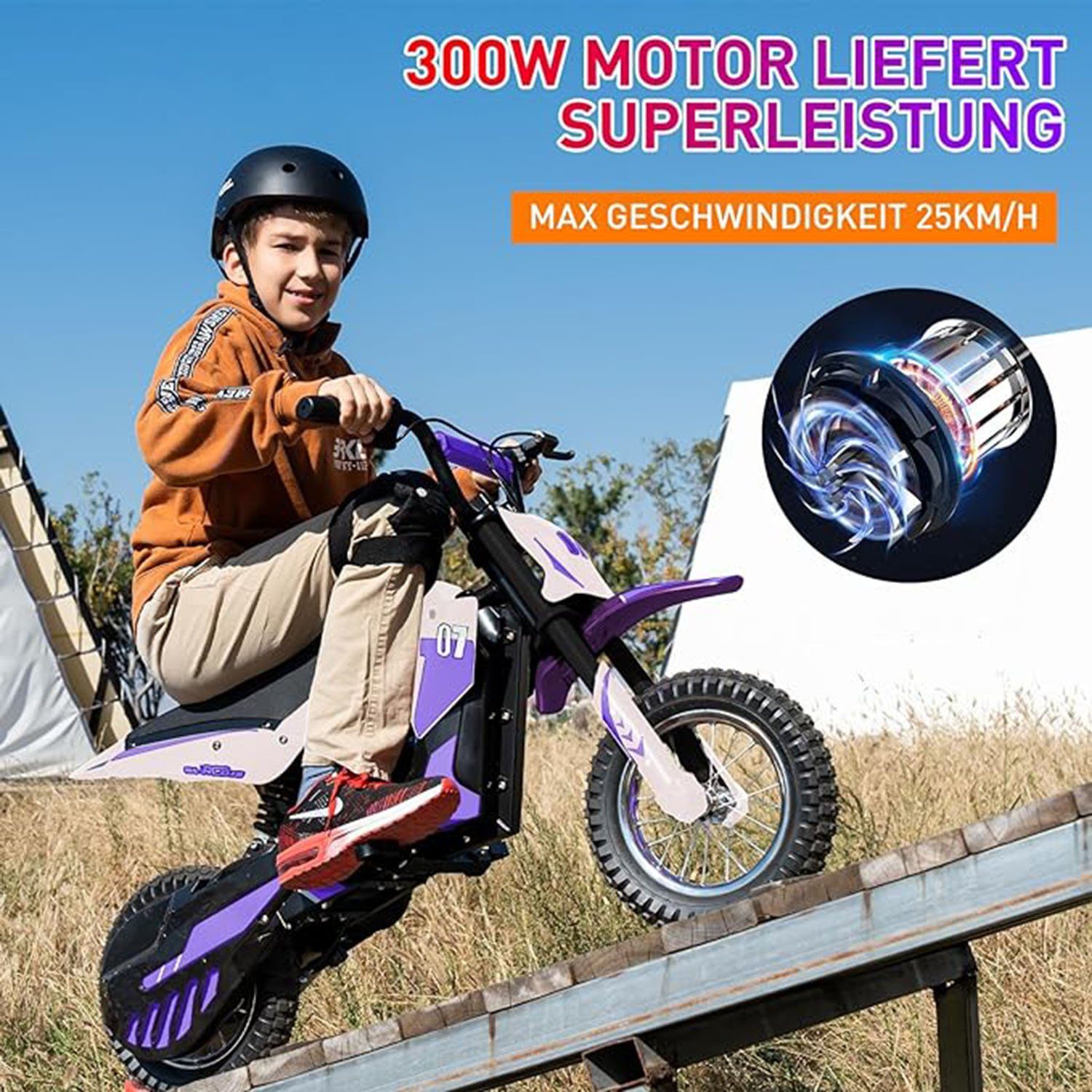 RCB Elektro-Kindermotorrad 3 Geschwindigkeitsmodus, Max 25km/h, 15km, 12" Reichweite Luftreifen lila