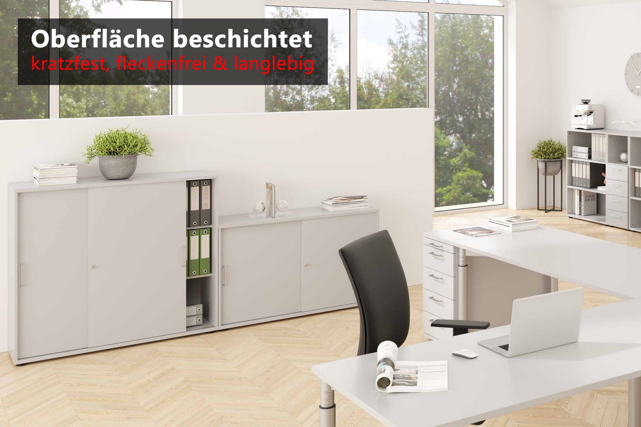 office Aktenschrank 2 Chromgriff Griffe: Schiebetürenschrank (Metall) Ordnerhöhen - Dekor: Weiß/Beton - bümö