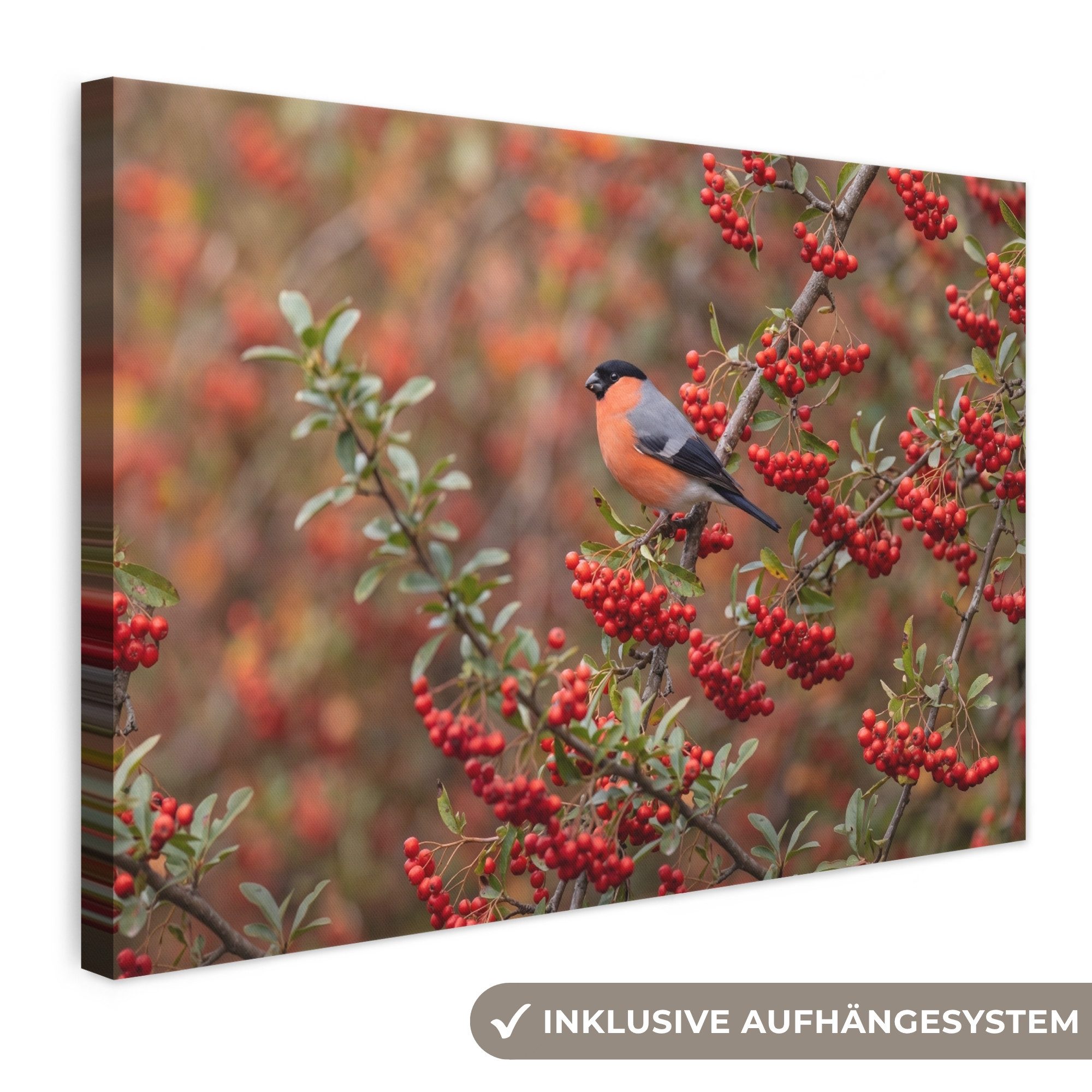 OneMillionCanvasses® Leinwandbild Gimpel - Beeren - Herbst - Natur - Farbenfroh, Fotodruck (1 St), Leinwand Bilder Klein, Wand Dekoration Aesthetic 30x20 cm