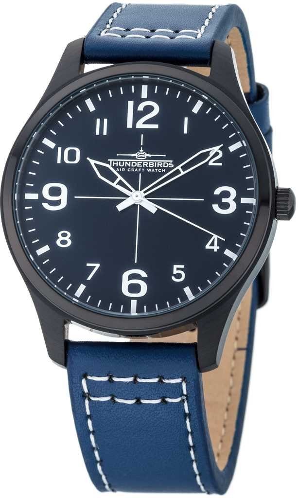Thunderbirds Quarzuhr TB5000-19, Herren-Fliegeruhr mit 40 mm schwarzem Edelstahlgehäuse, blauem Lederarmband, elegante Armbanduhr für Männer