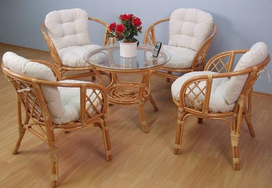 Essgruppe, aus handgeflochtenem Rattan mit passenden Kissenauflagen, im