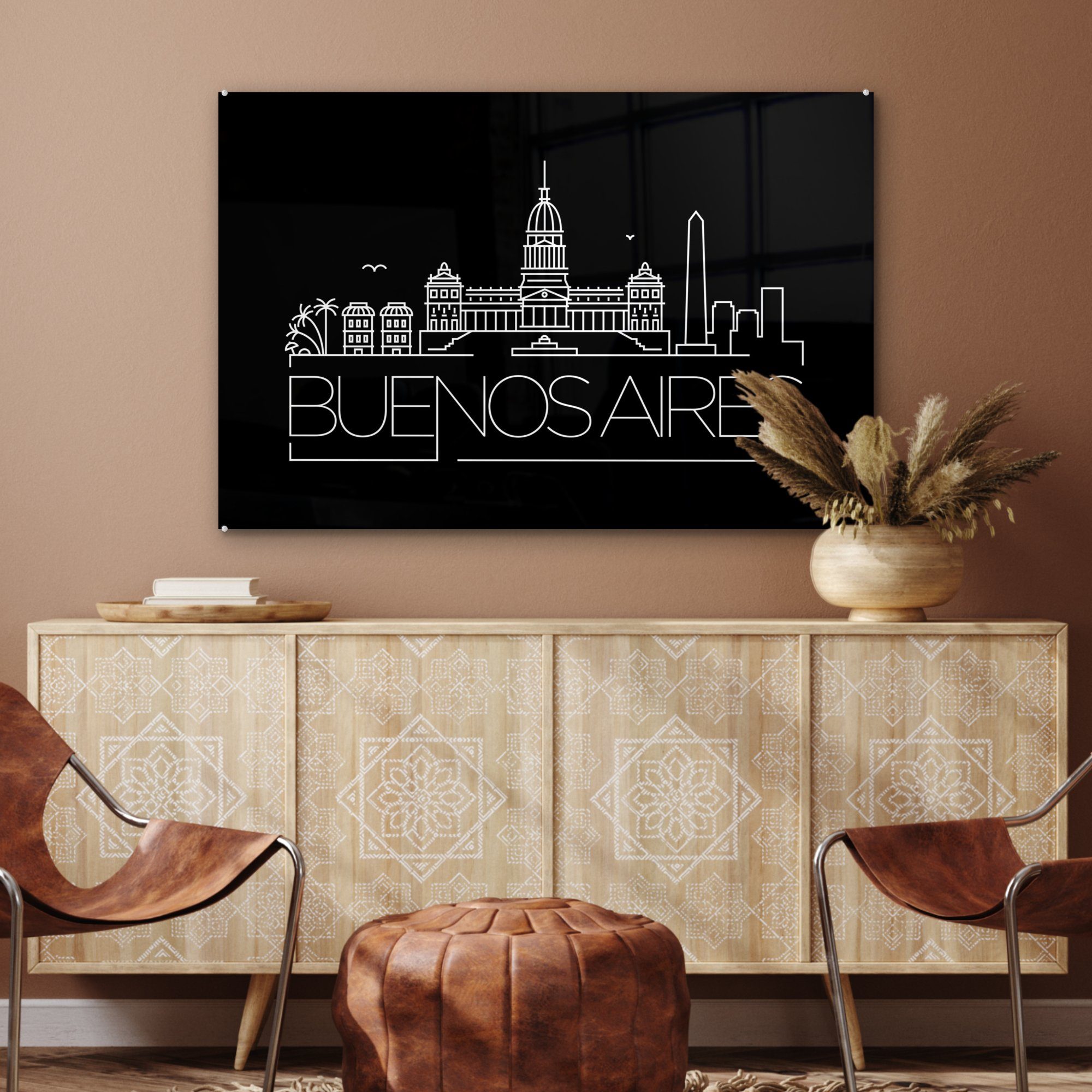 MuchoWow Acrylglasbild Skyline von Hintergrund, schwarzem & (1 Wohnzimmer auf Acrylglasbilder Aires" St), Buenos Schlafzimmer