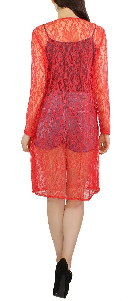 dy_mode Cardigan Damen Long Cardigan in Spitzenmuster Langarm Sommerjacke Durchsichtig in Unifarben