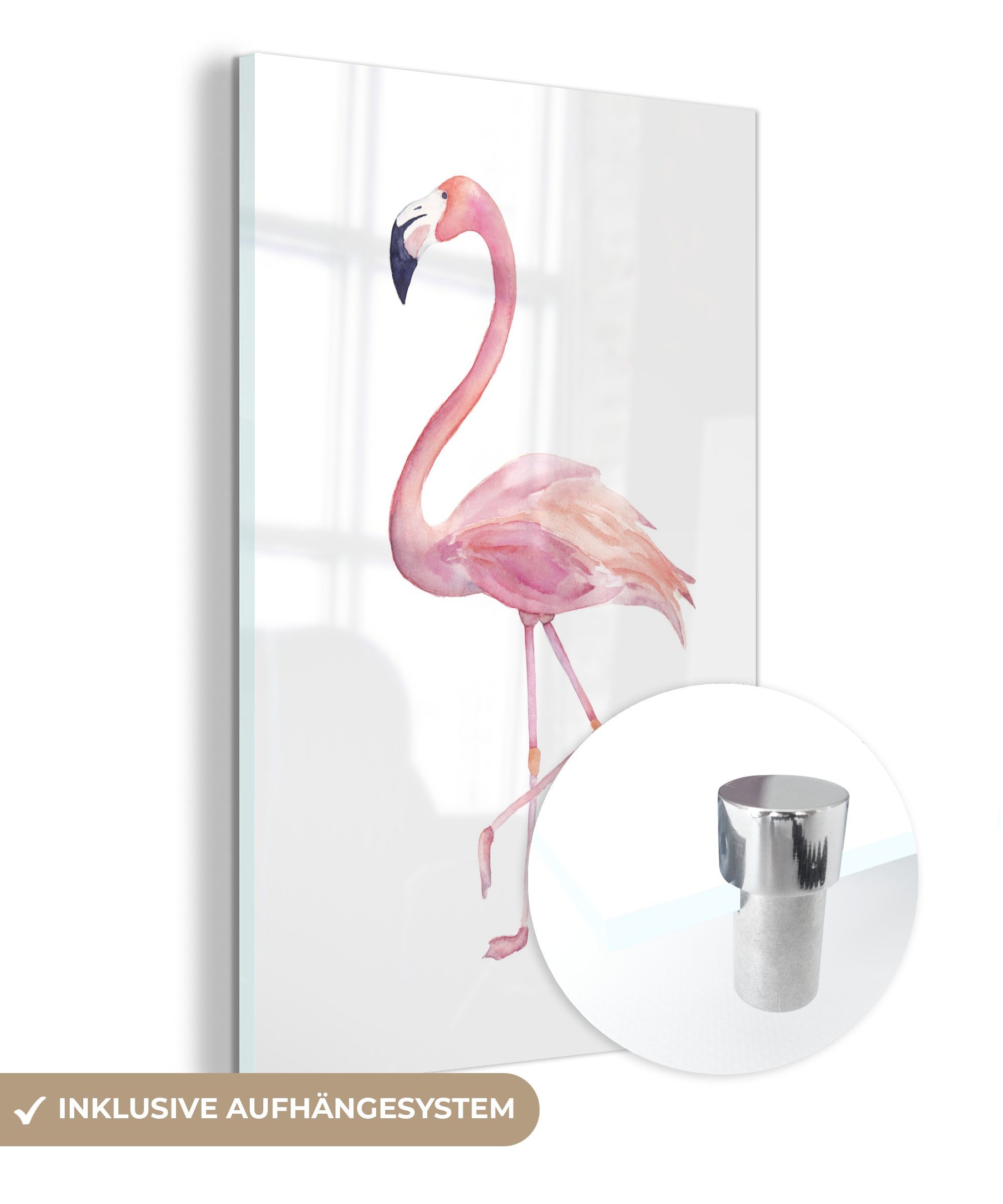 MuchoWow Acrylglasbild Aquarell - Flamingo - Rosa, (1 St), Glasbilder - Bilder auf Glas Wandbild - Foto auf Glas - Wanddekoration bunt