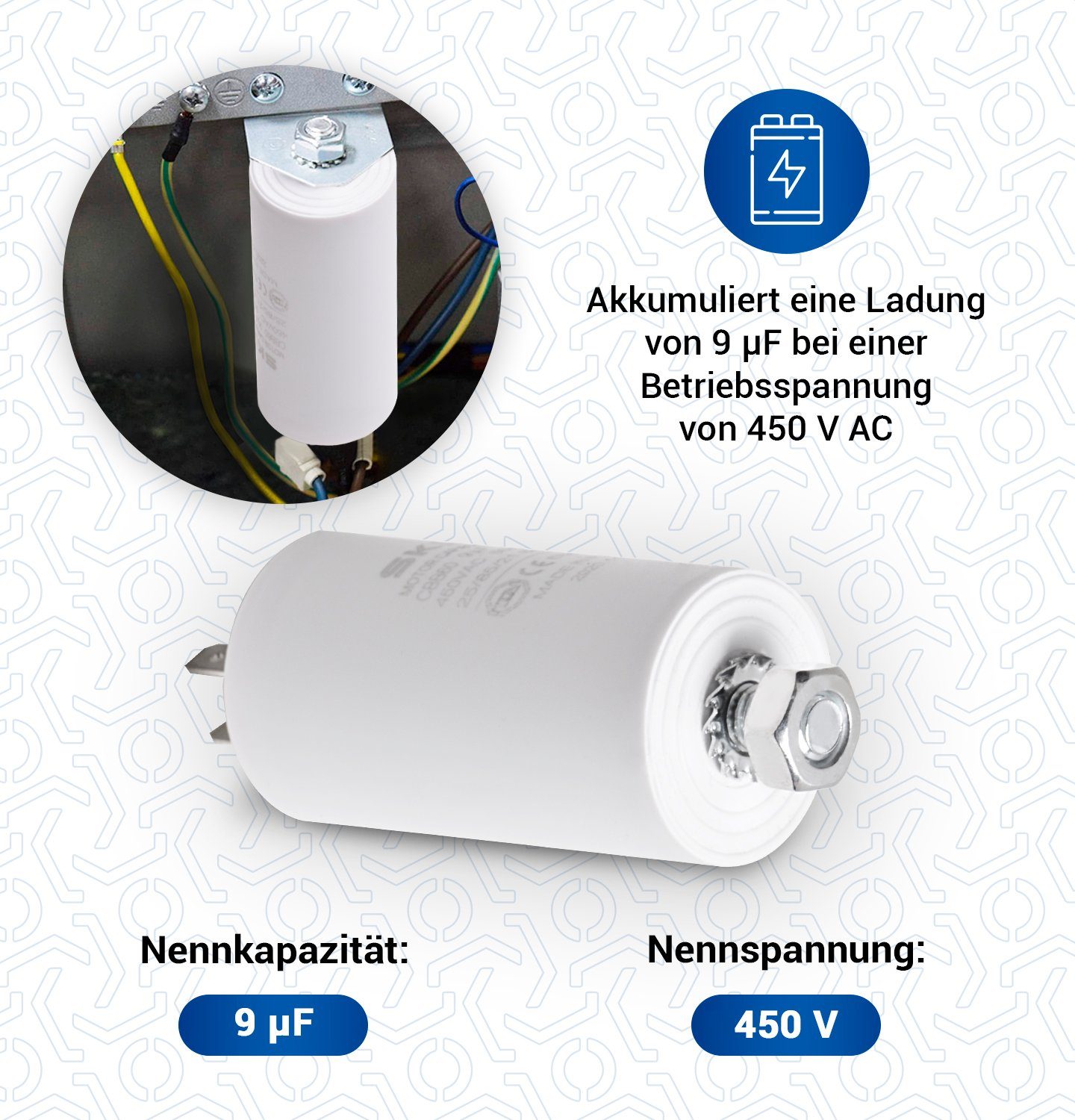Hausgeräte Kondensator elektrische und mit Montagezubehör Steckfahnen Befestigungsschraube, 9,00µF VIOKS 450V für