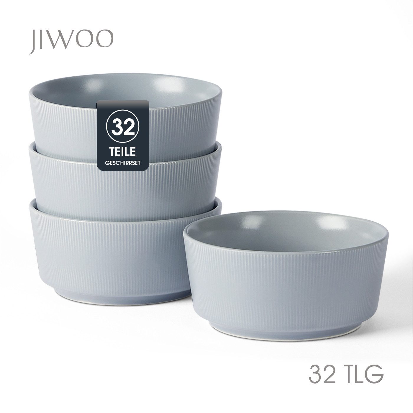 JIWOO Schüssel 4er Ø15,2cm, Müslischüssel Suppenschüssel Salatschüssel Dessertschale, Keramik, (Set, 32-tlg), Hochwertiges Schüsseln Grau Mikrowellen spülmaschinenfest Ø15,2cm