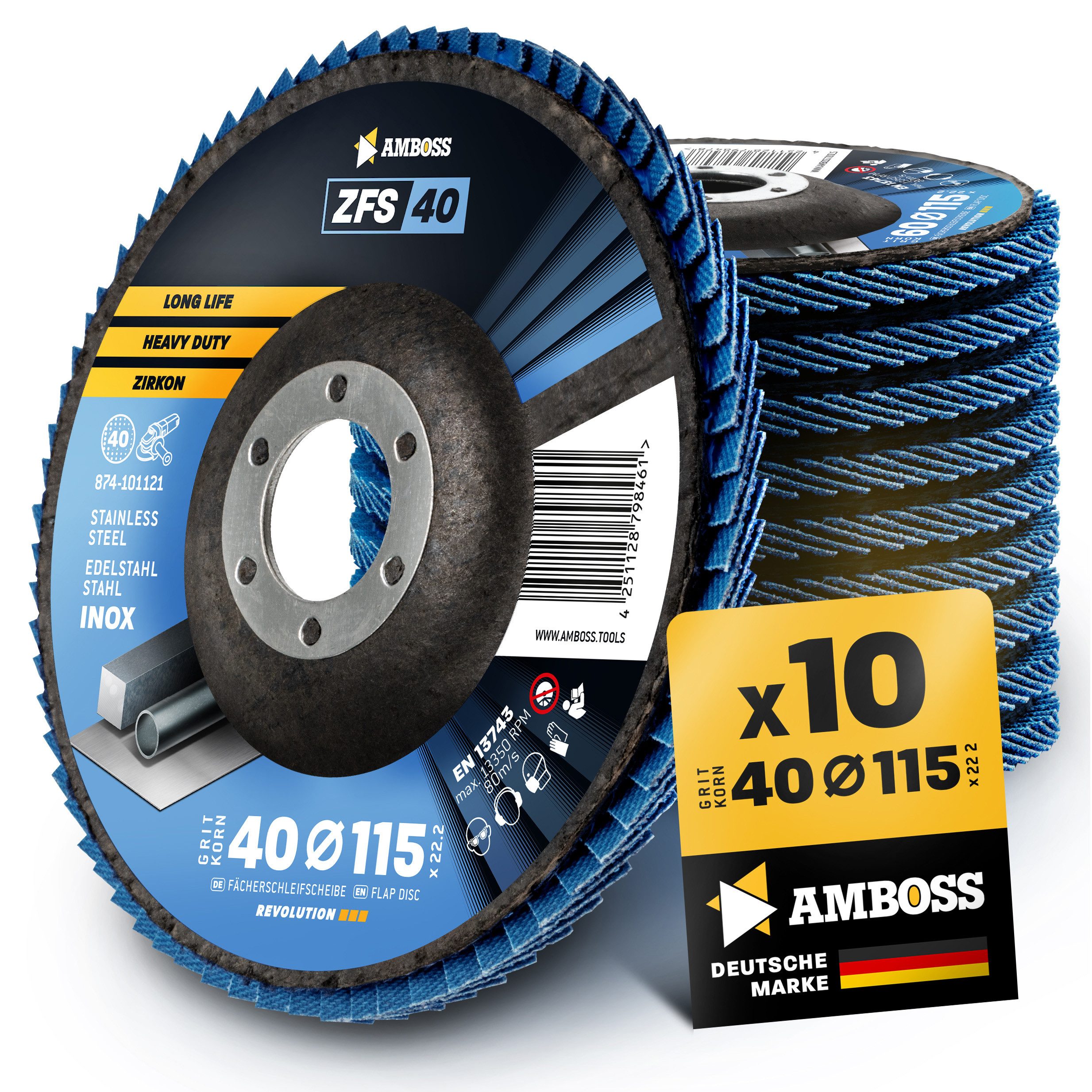 Amboss Werkzeuge Schleifscheibe 10x Amboss ZFS Fächerschleifscheibe Korn:40 Ø115mm