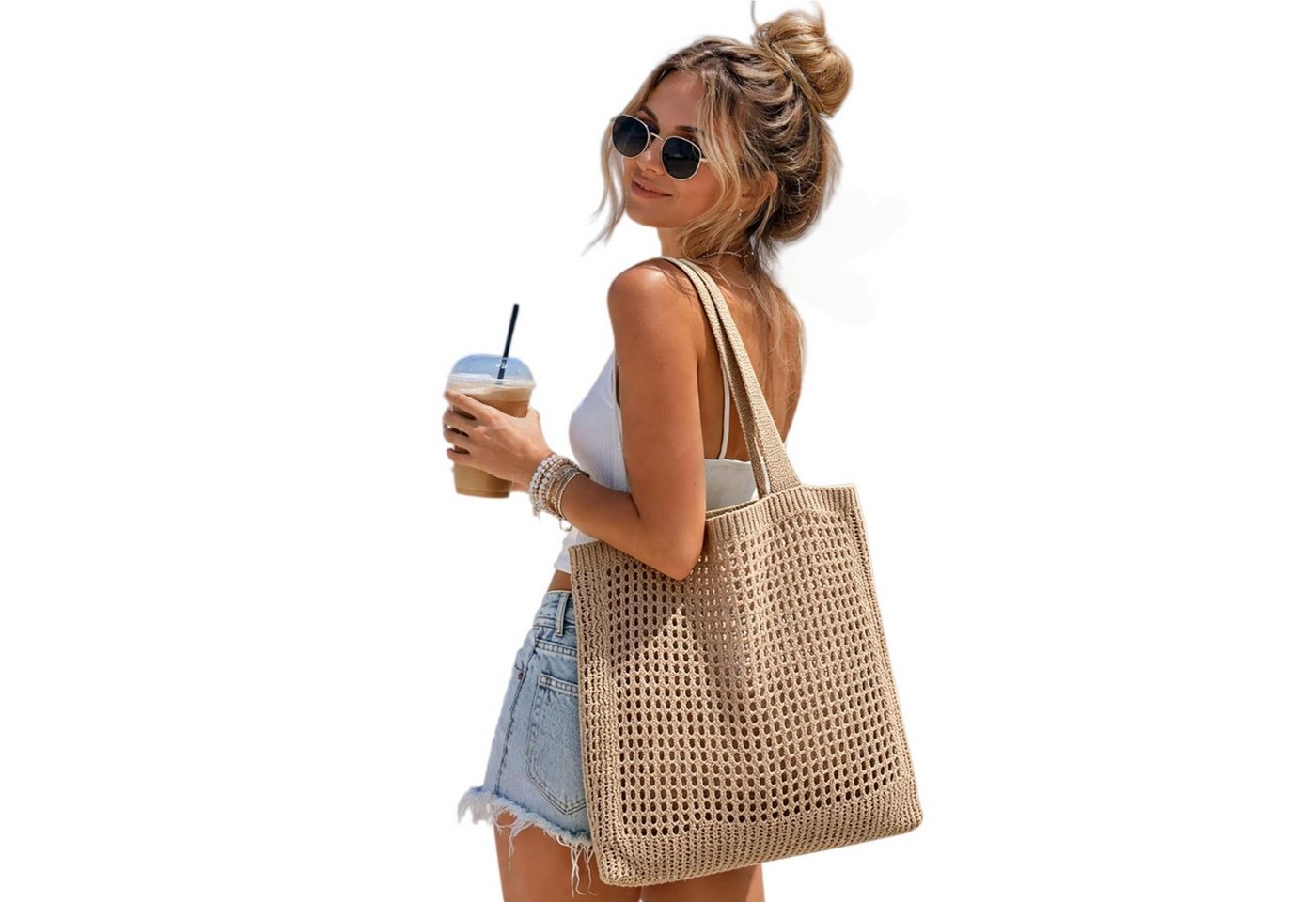 nsihing Strandtasche Damen Sommer Boho, Gestrickte Tasche Beach Bag Netz Strandbeutel (Häkeltasche Mesh Gehäkelt Handtasche, Tote Bag), Netztasche Umhängetasche Sommertaschen für Reisen, Alltag