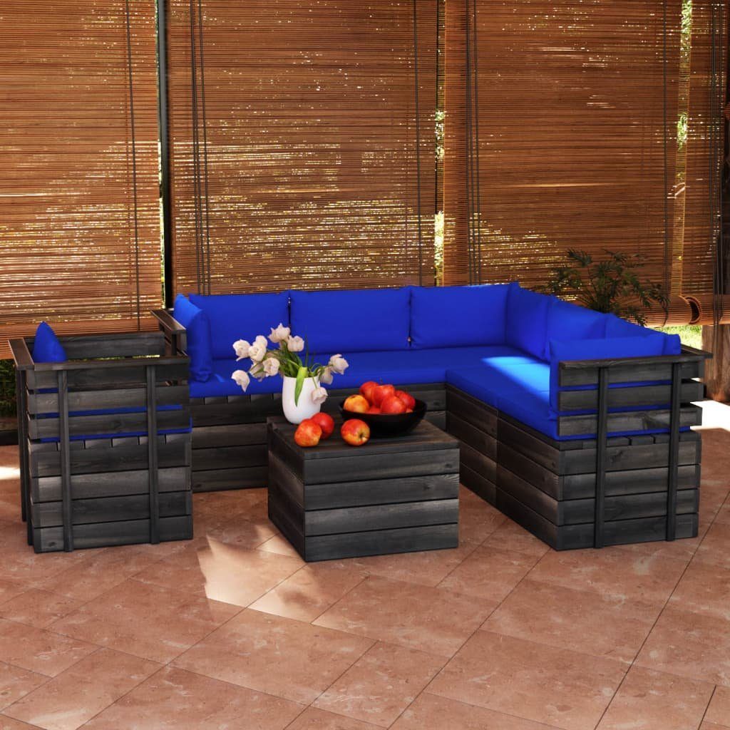 vidaXL Gartenlounge-Set 7-tlg. Garten-Sofagarnitur aus Paletten mit Kissen Kiefernholz, (7-tlg) Blau