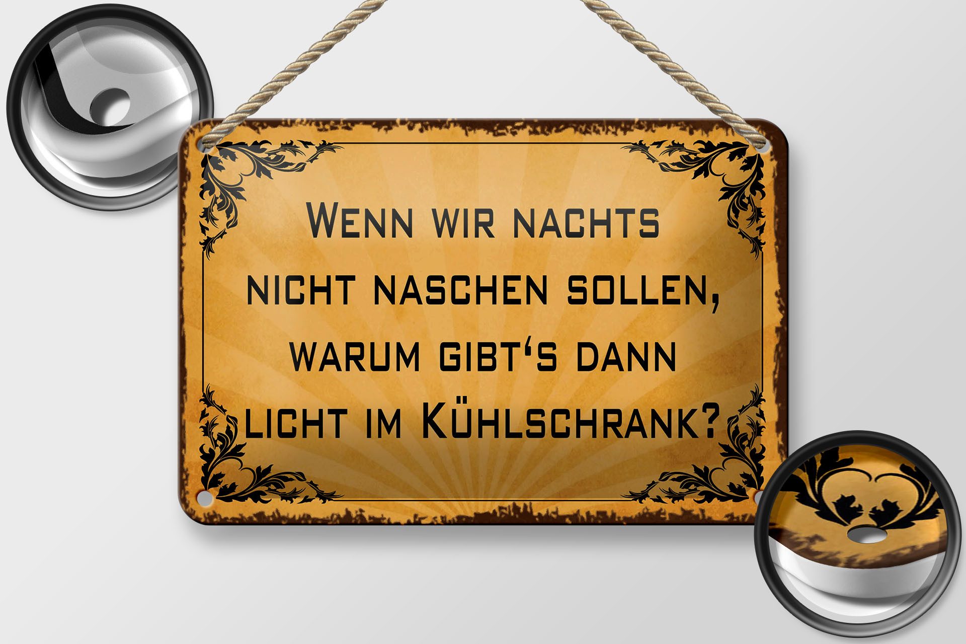 Femer GmbH Metallschild Spruch 12x18 cm Warum gibts dann Licht im Kühlschrank, (1 St), gewölbte Oberfläche, abgerundete Ecken, umgeschlagene Kanten