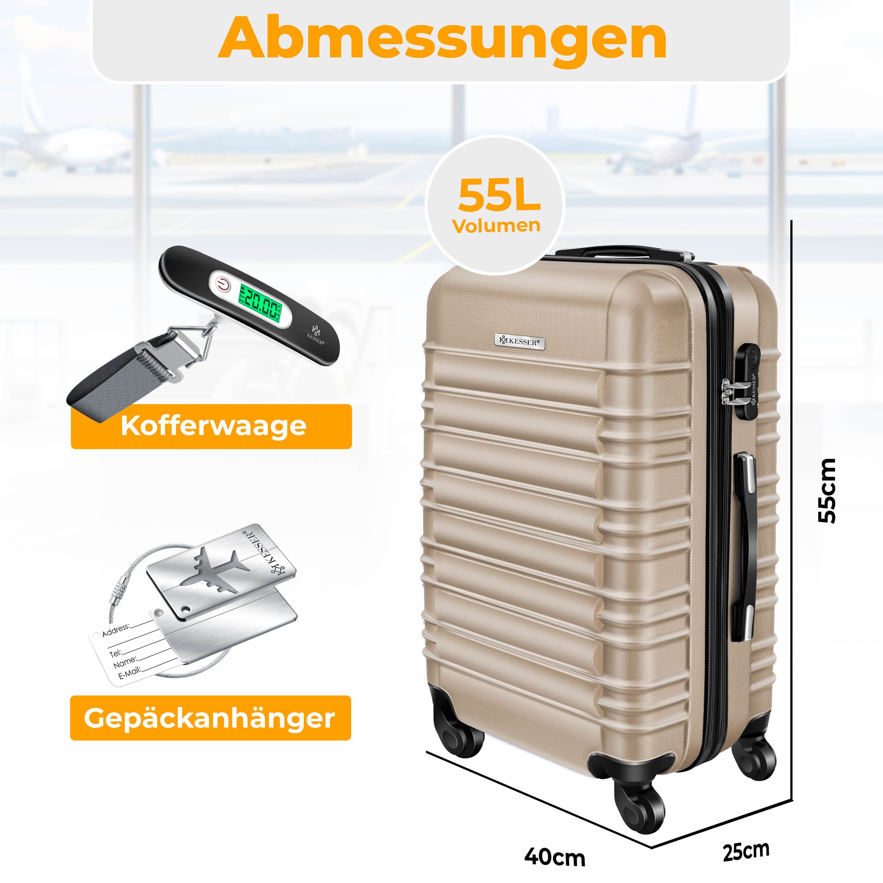 KESSER Hartschalen-Trolley Reisekoffer Handgepäck 55L Koffer Inkl. Kofferwaage + Gepäckanhänger, 4 Rollen, Rollkoffer ABS-Hartschale mit 4 Rollen, Zahlenschloss & Teleskopgriff
