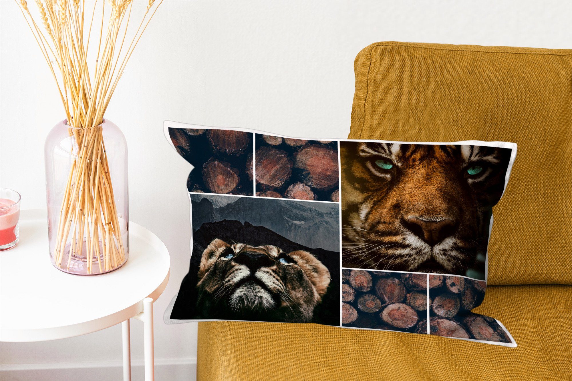 Schlafzimmer Tiger mit Holz, Zierkissen, Füllung, Wohzimmer Dekokissen MuchoWow - Dekoration, Dekokissen Collage -