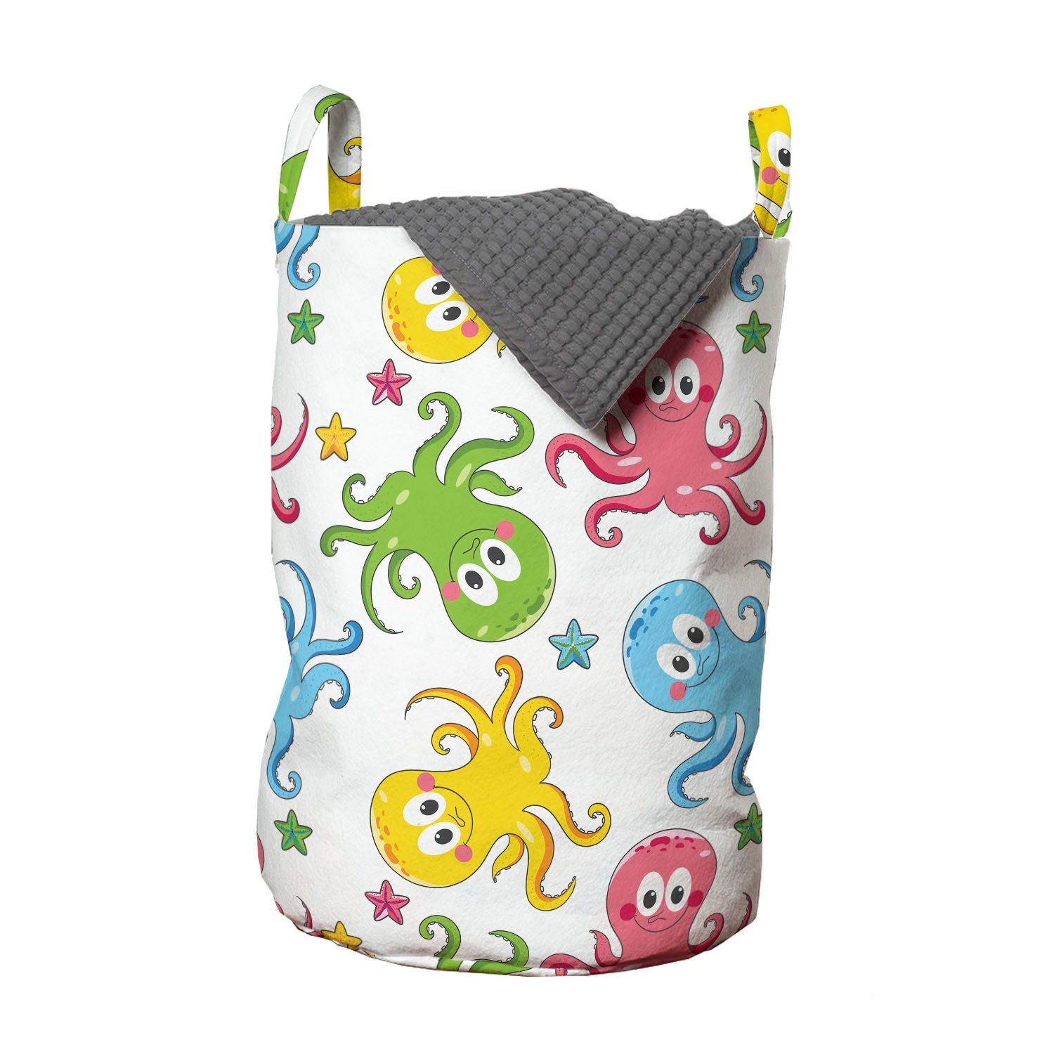 Abakuhaus Wäschesäckchen Wäschekorb mit Griffen Kordelzugverschluss für Waschsalons, Tintenfisch Fröhlich Ozean Tiere