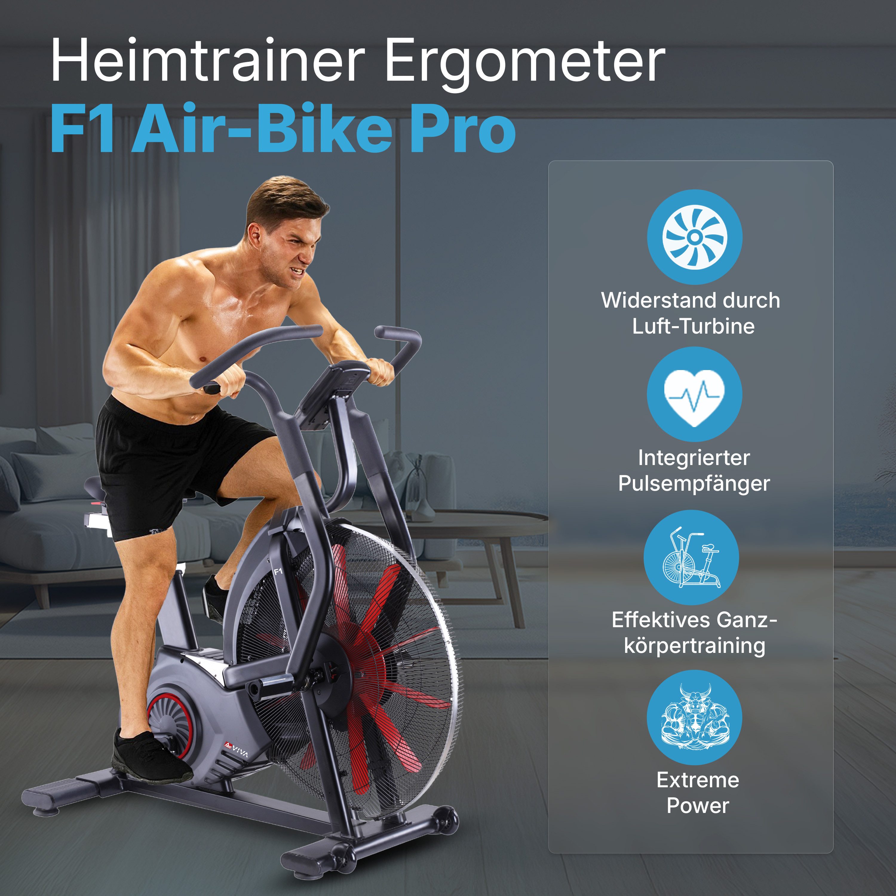 AsVIVA Air Bike F1 Pro Cardio-Crossfit, Luftwiderstand, Komfortsitz verstellbar, Long-Live Pedale