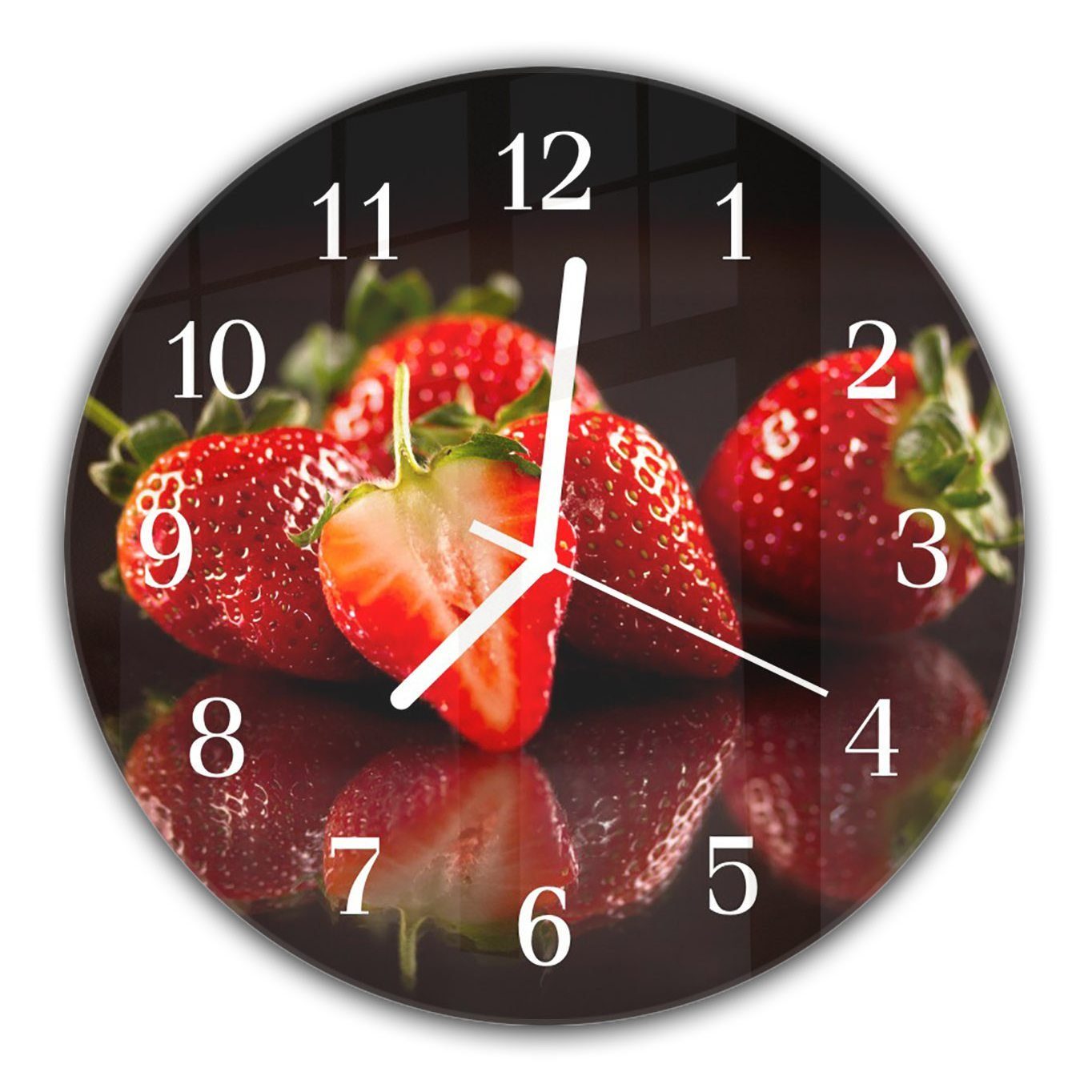 Primedeco Wanduhr Wanduhr aus Glas mit Motiv Erdbeeren sich spiegelnd - Rund mit Durchmesser 30 cm und Quarzuhrwerk