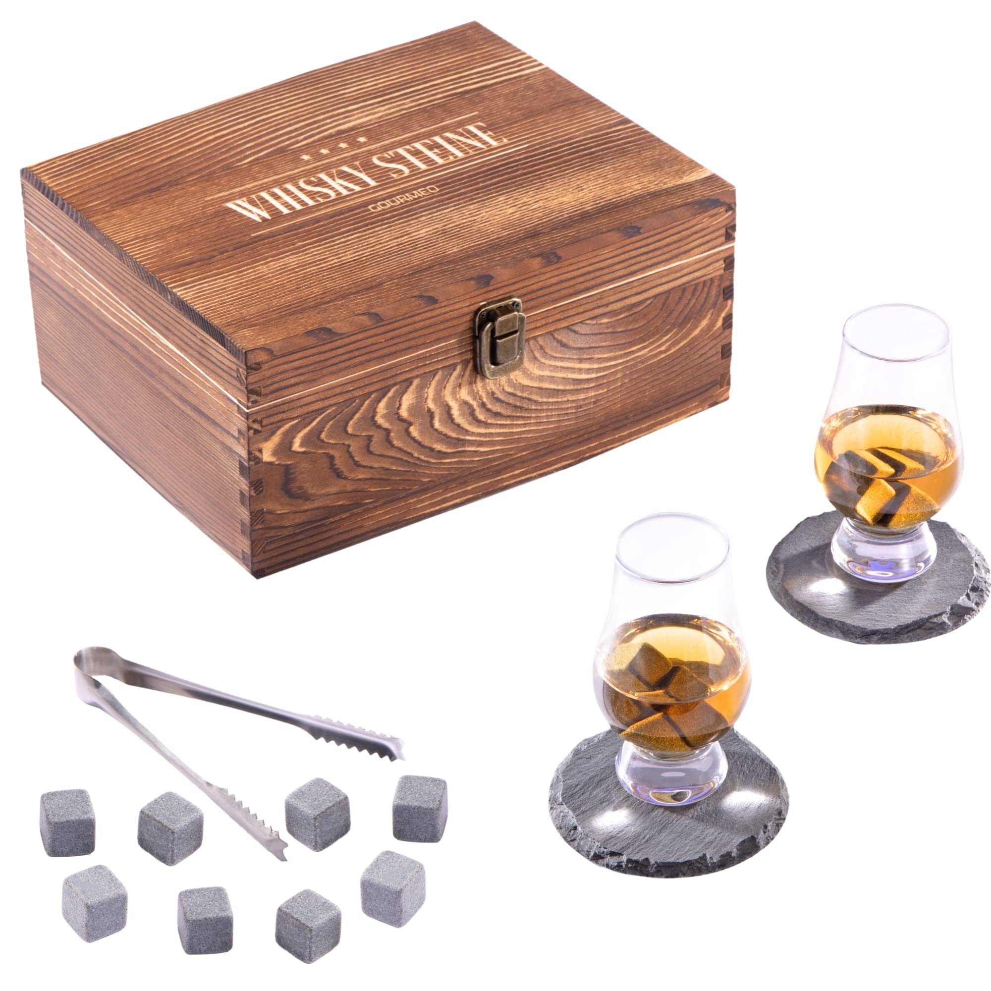 GOURMEO Whiskyglas Whiskey Geschenkset - Perfektes Zubehör für Männer, Holz, Whiskey Geschenkset - Zubehör für Männer