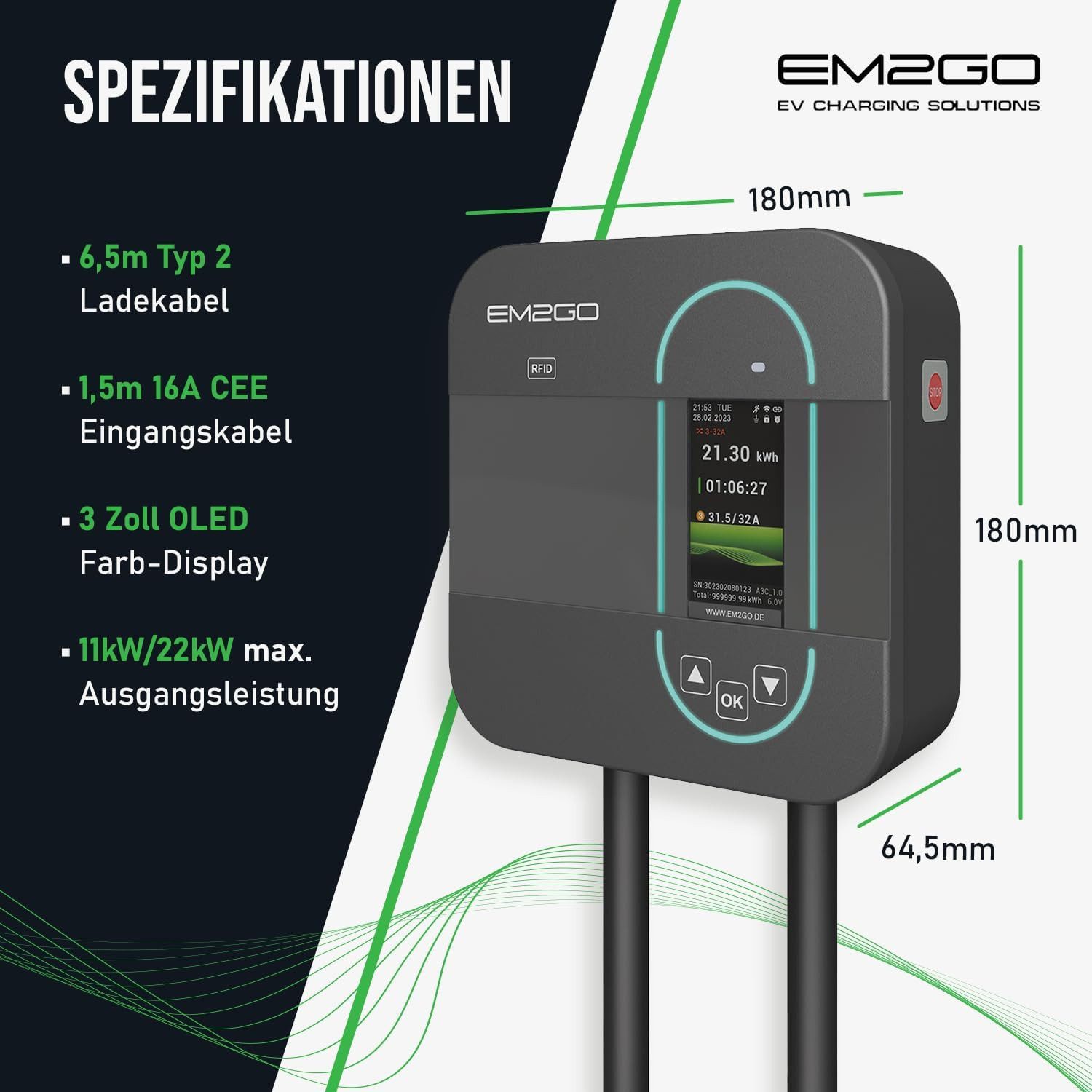 EM2GO AC Wallbox 11kW 6.5m - RFID Karten - Solarladekompatibel Elektroauto-Ladegerät (Wallbox Solarkompatibel - Batteriespeichertauglich)