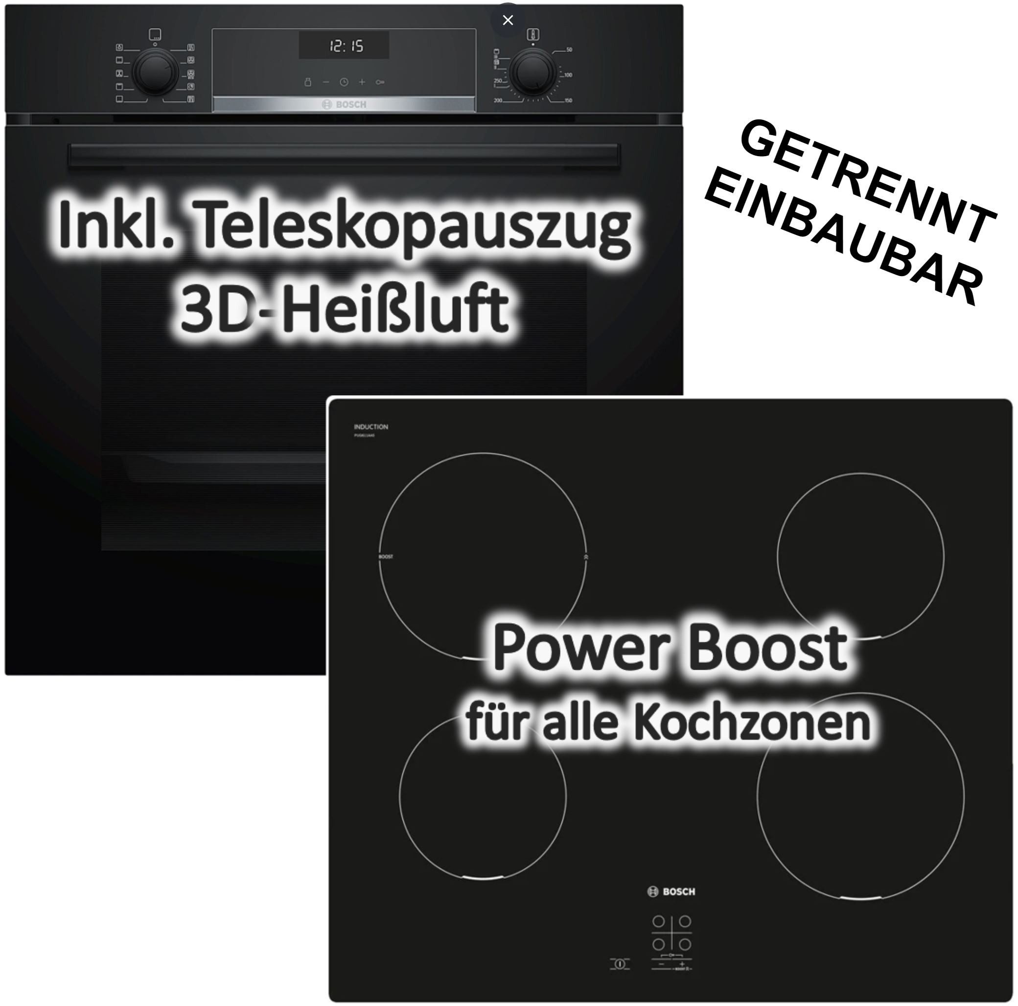 BOSCH Backofen-Set Teleskopauszug EcoClean + Induktionskochfeld rahmenlos autark 60 cm