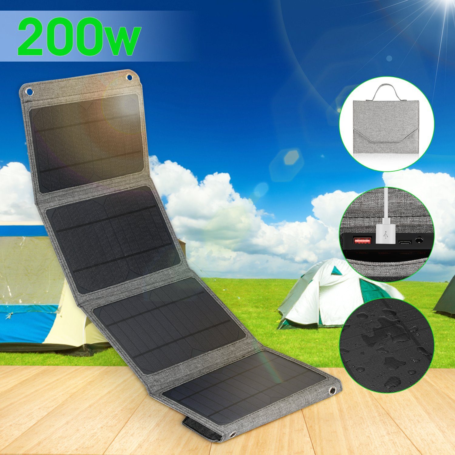 LETGOSPT Solarmodul Solar Wandern, für Ladegerät 24W Camping, Powerbank Outdoor faltbar, Standard-USB-Ausgang Solarpanel Solarladegerät, IP65