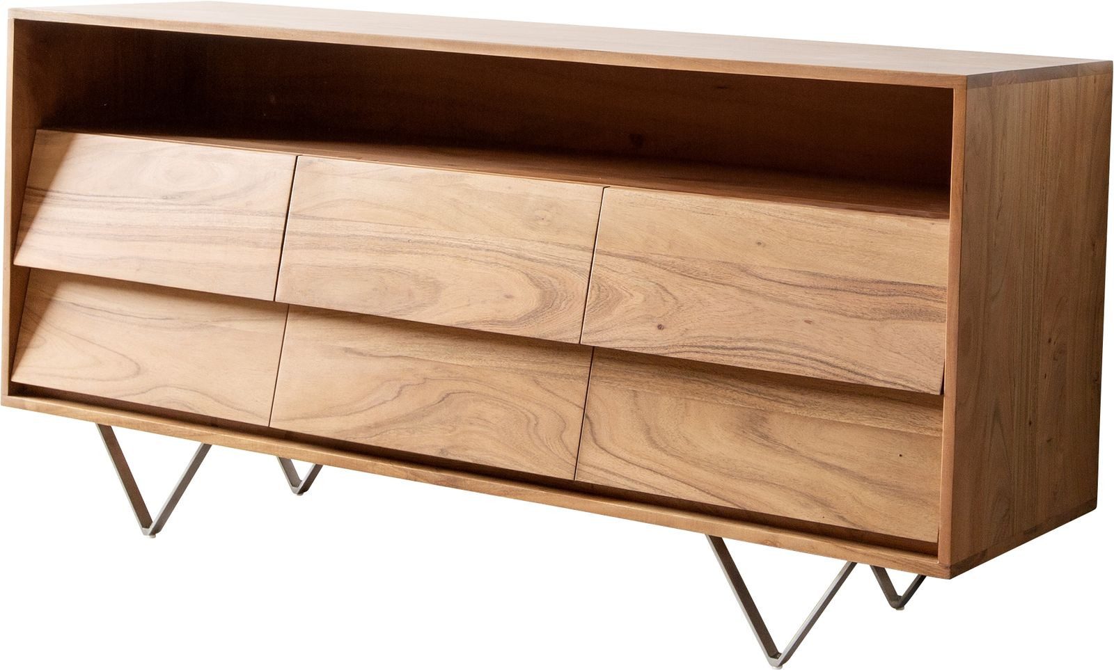 DELIFE Sideboard Eloi, Akazie Natur 145x40 cm 6 Schubladen V-Fuß Edelstahl